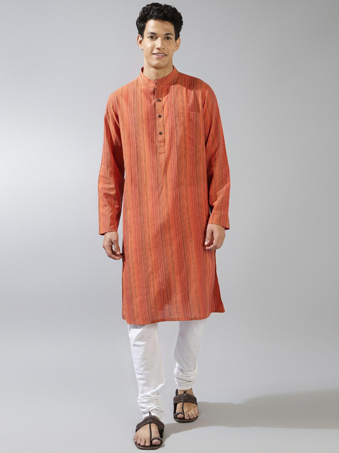 

Fabindia Striped Band Collar Cotton Kurta, Orange