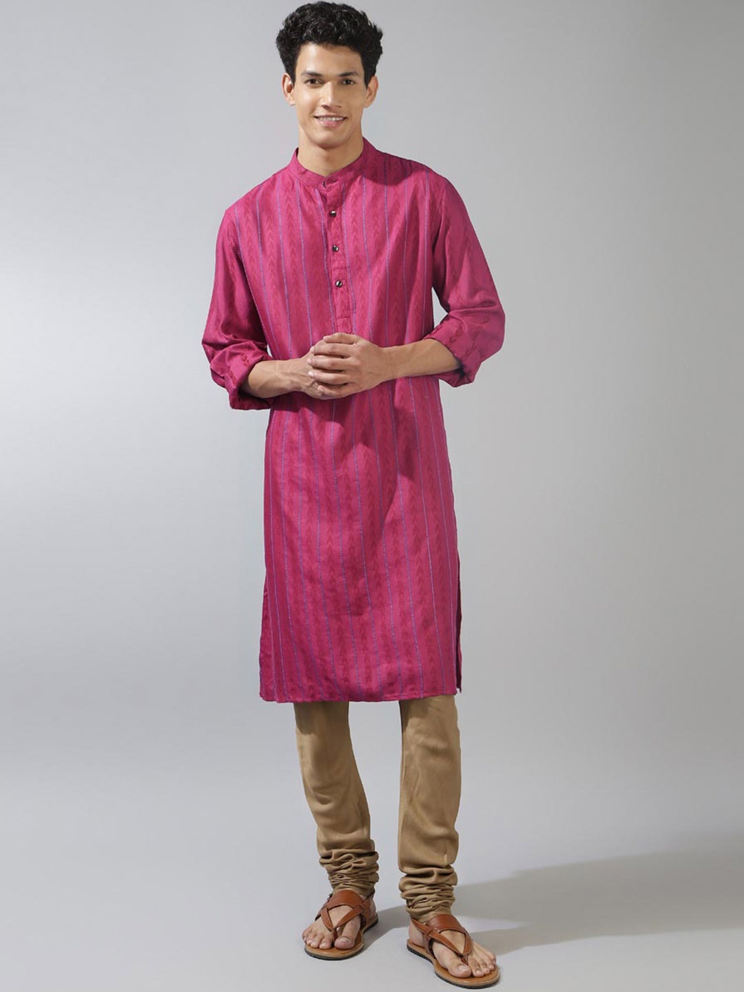 

Fabindia Striped Band Collar Dobby Kurta, Pink