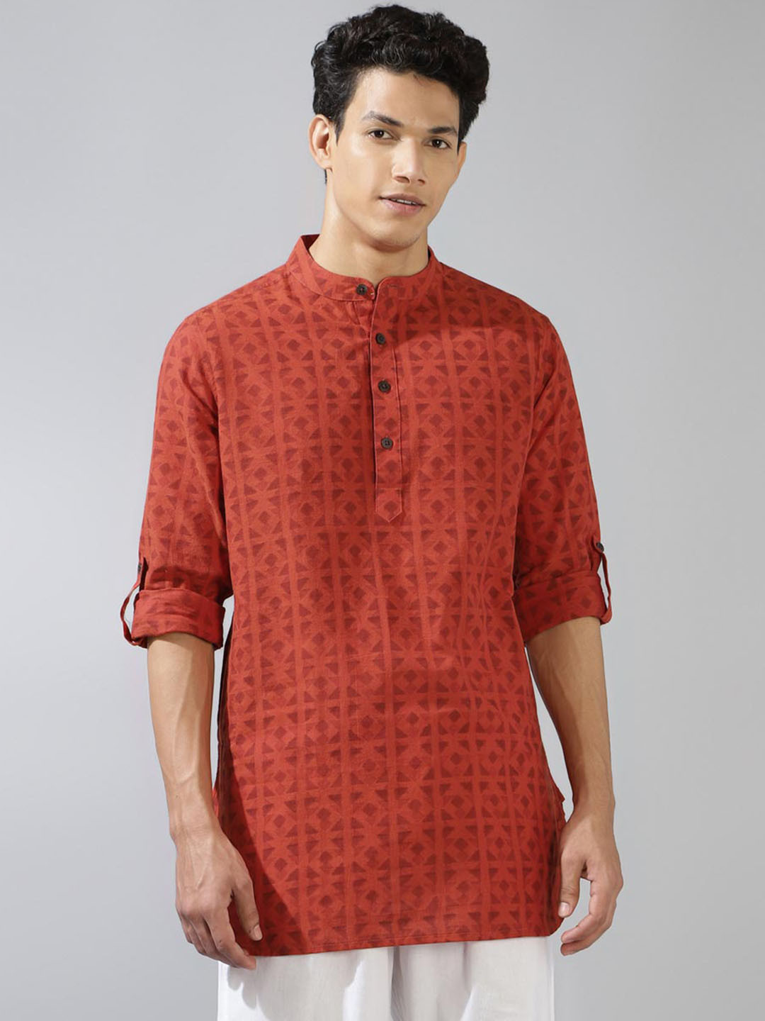 

Fabindia Printed Band Collar Cotton Short Kurta, Orange