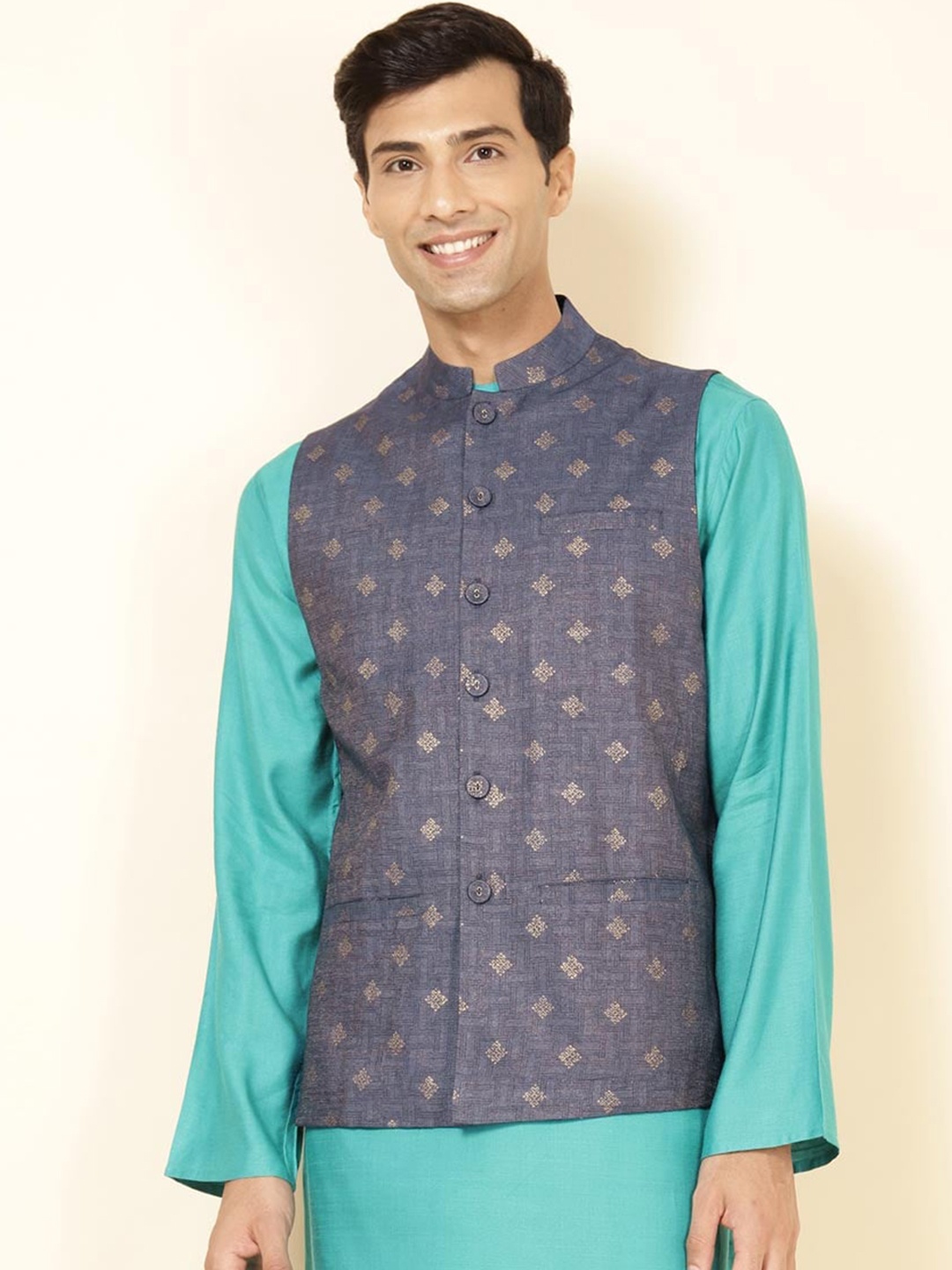 

Fabindia Ethic Motif Printed Nehru Jackets, Blue