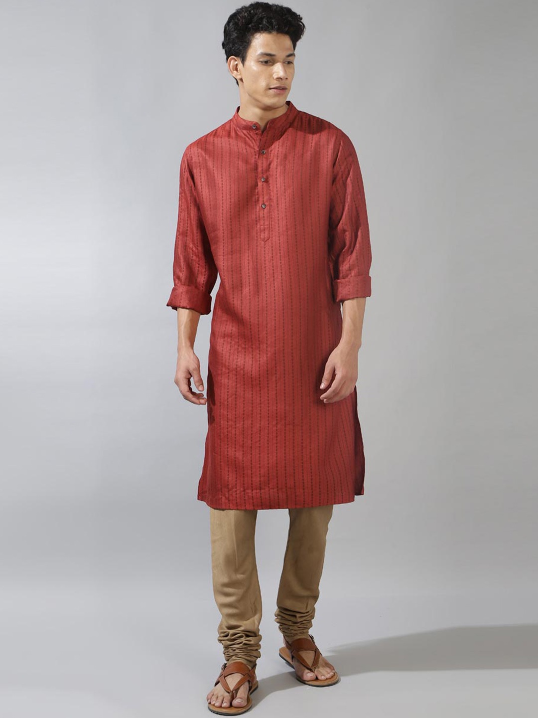 

Fabindia Striped Mandarin Collar Straight Kurta, Rust