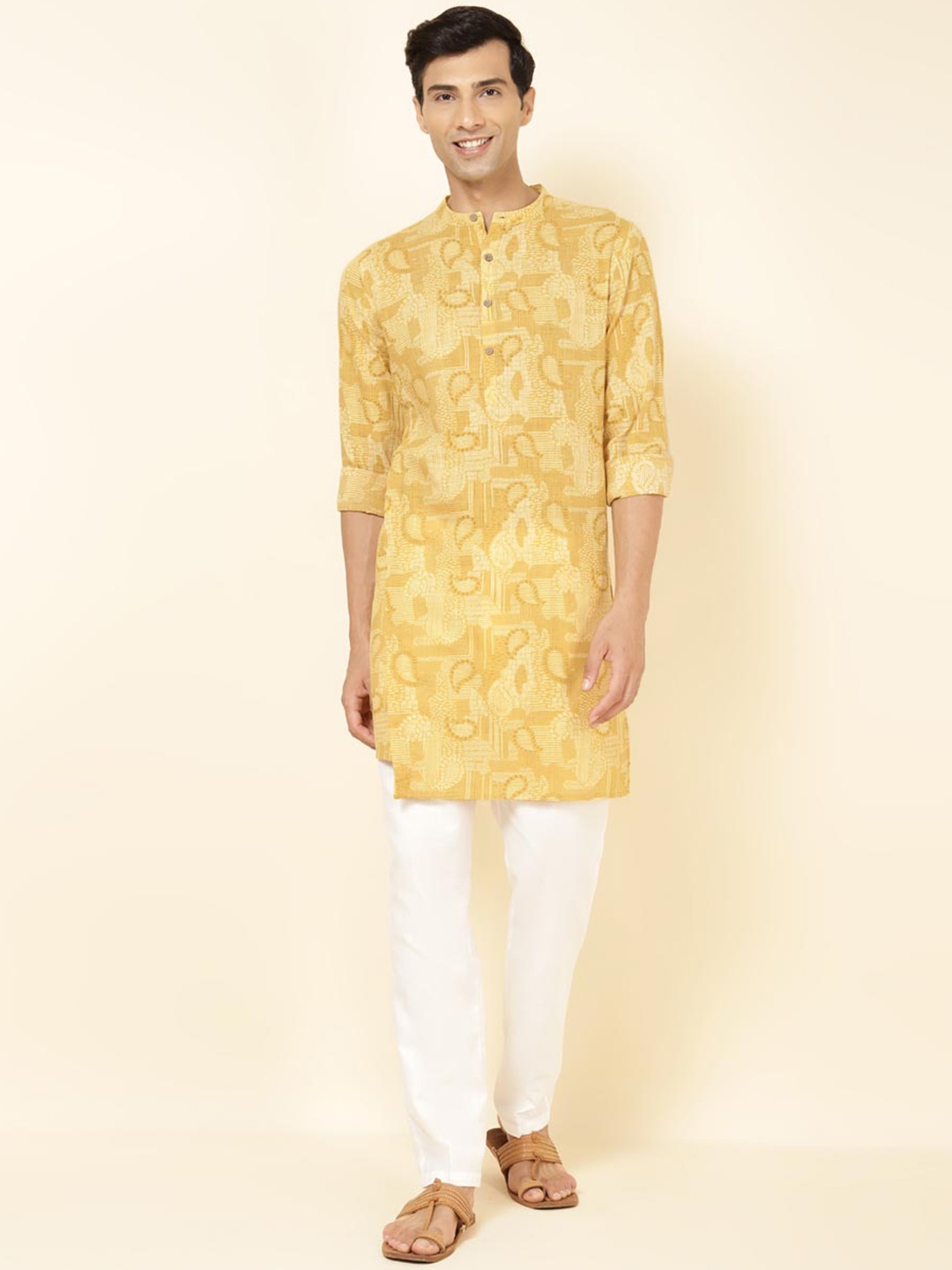 

Fabindia FabBasic Ethnic Motif Printed Band Collar Cotton Straight Kurta, Yellow