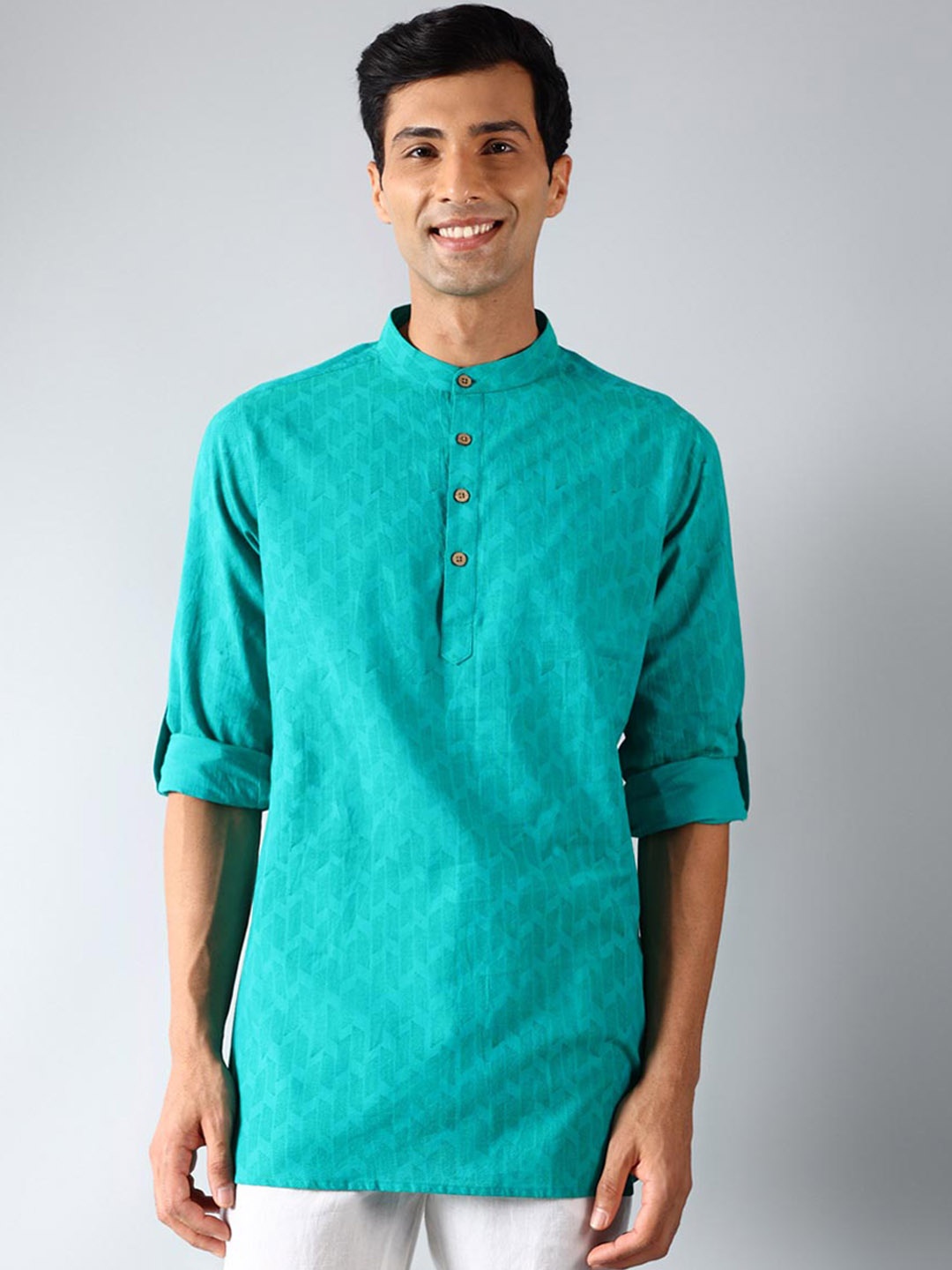 

Fabindia Geometeric Printed Band Collar Straight Cotton Kurta, Teal