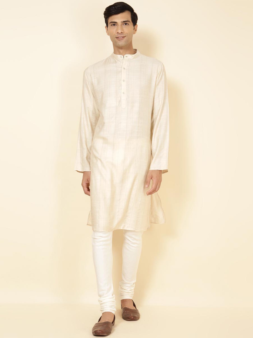 

Fabindia Striped Slim Fit Band Collar Straight Kurta, Off white