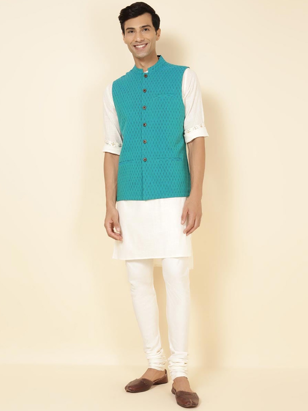 

Fabindia Ethnic Motif Printed Cotton Nehru Jacket, Teal