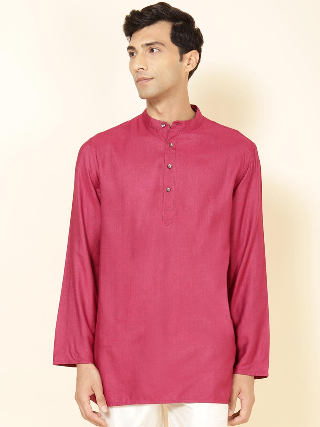 

Fabindia Band Collar Long Sleeves Straight Kurta, Pink