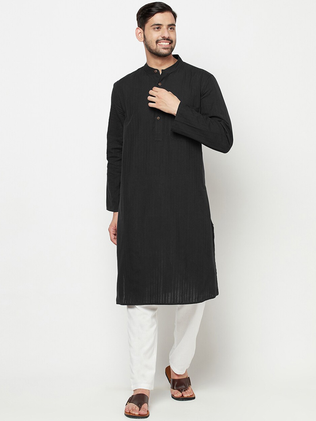 

Fabindia Striped Band Collar Pure Cotton Straight Kurta, Black