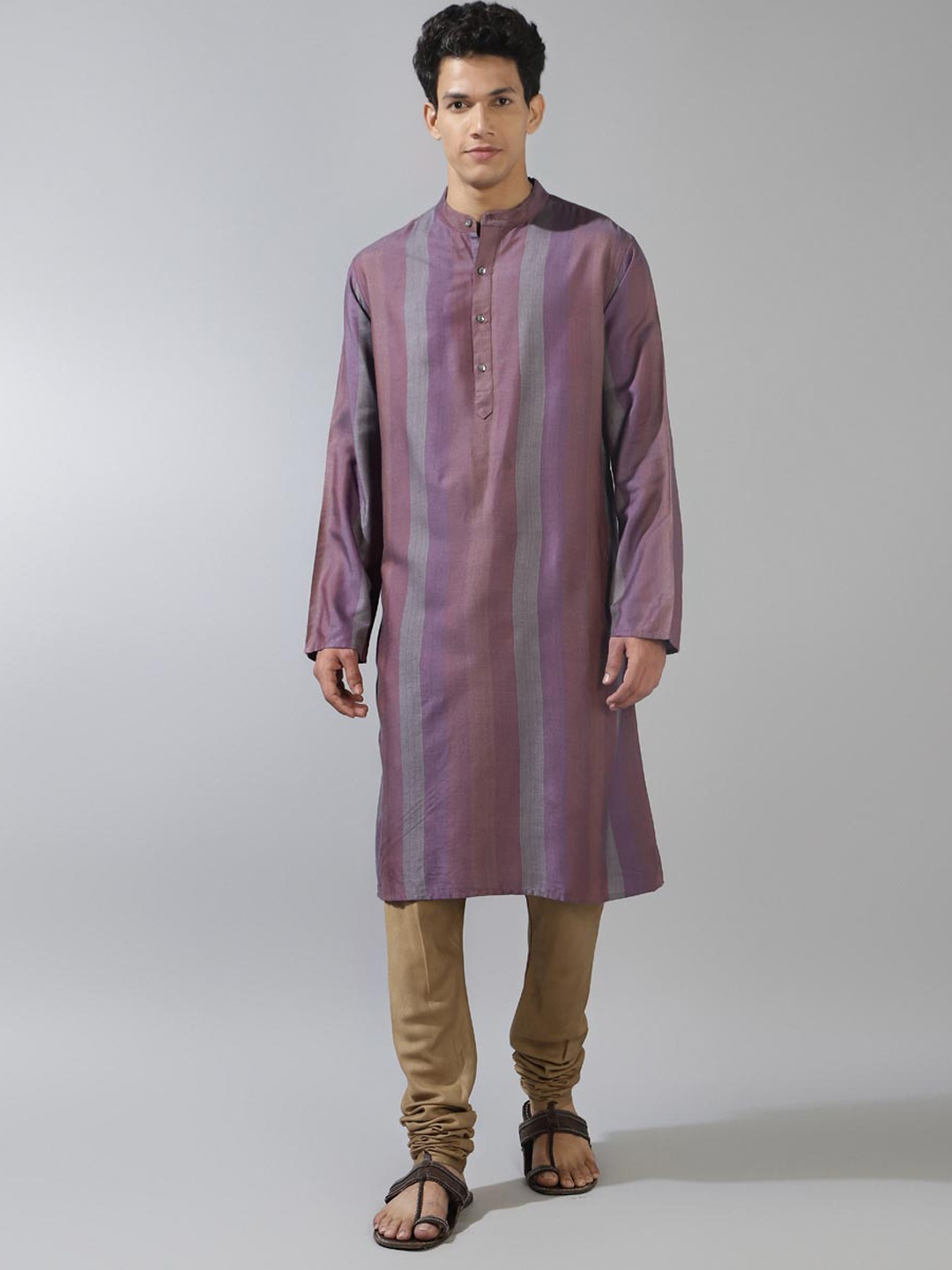 

Fabindia Striped Band Collar Long Sleeves Straight Kurta, Purple