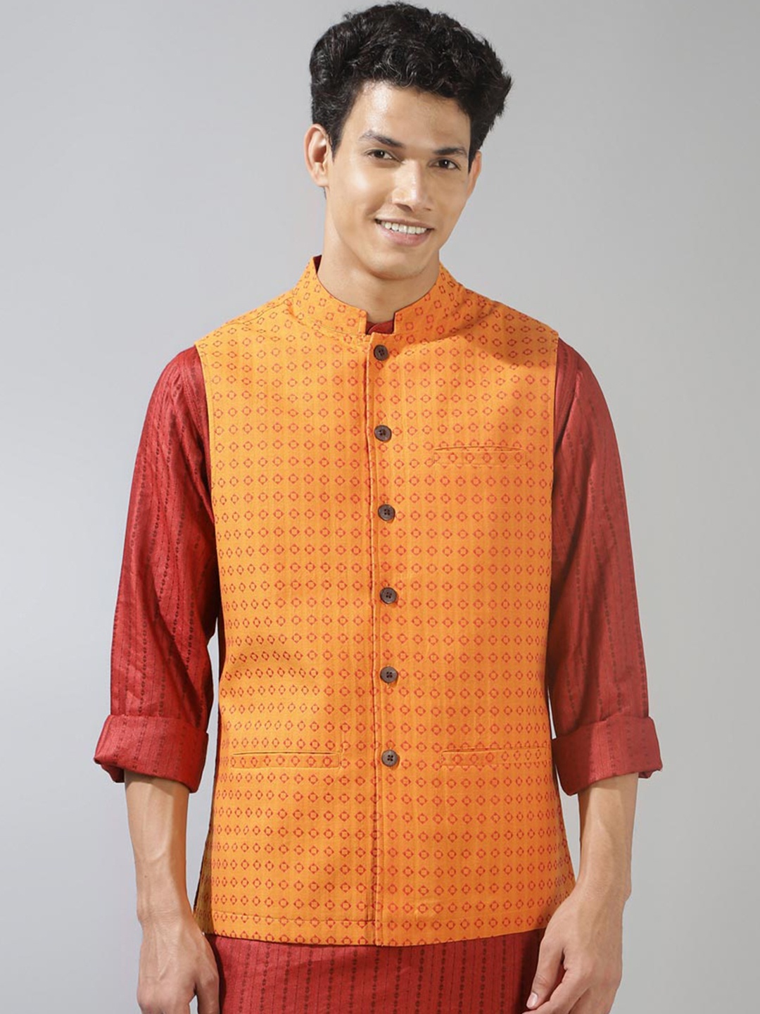 

Fabindia Printed Cotton Nehru Jacket, Yellow