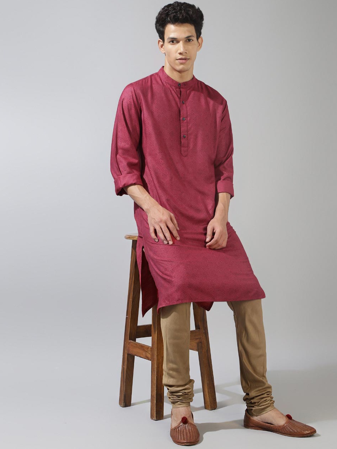 

Fabindia Ethnic Motifs Printed Band Collar Kurta, Pink