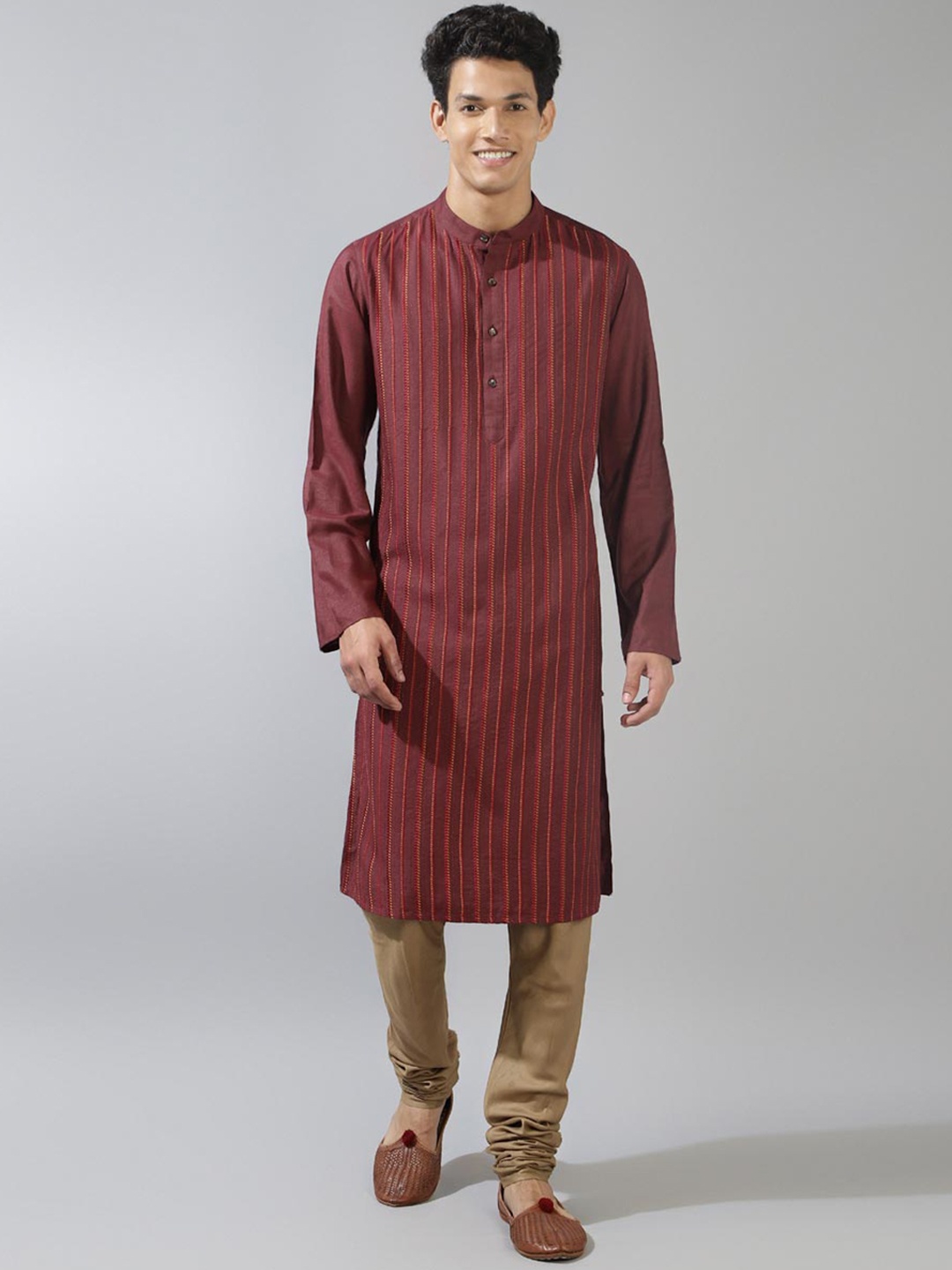 

Fabindia Embroidered Mandarin Collar Straight Kurta, Brown