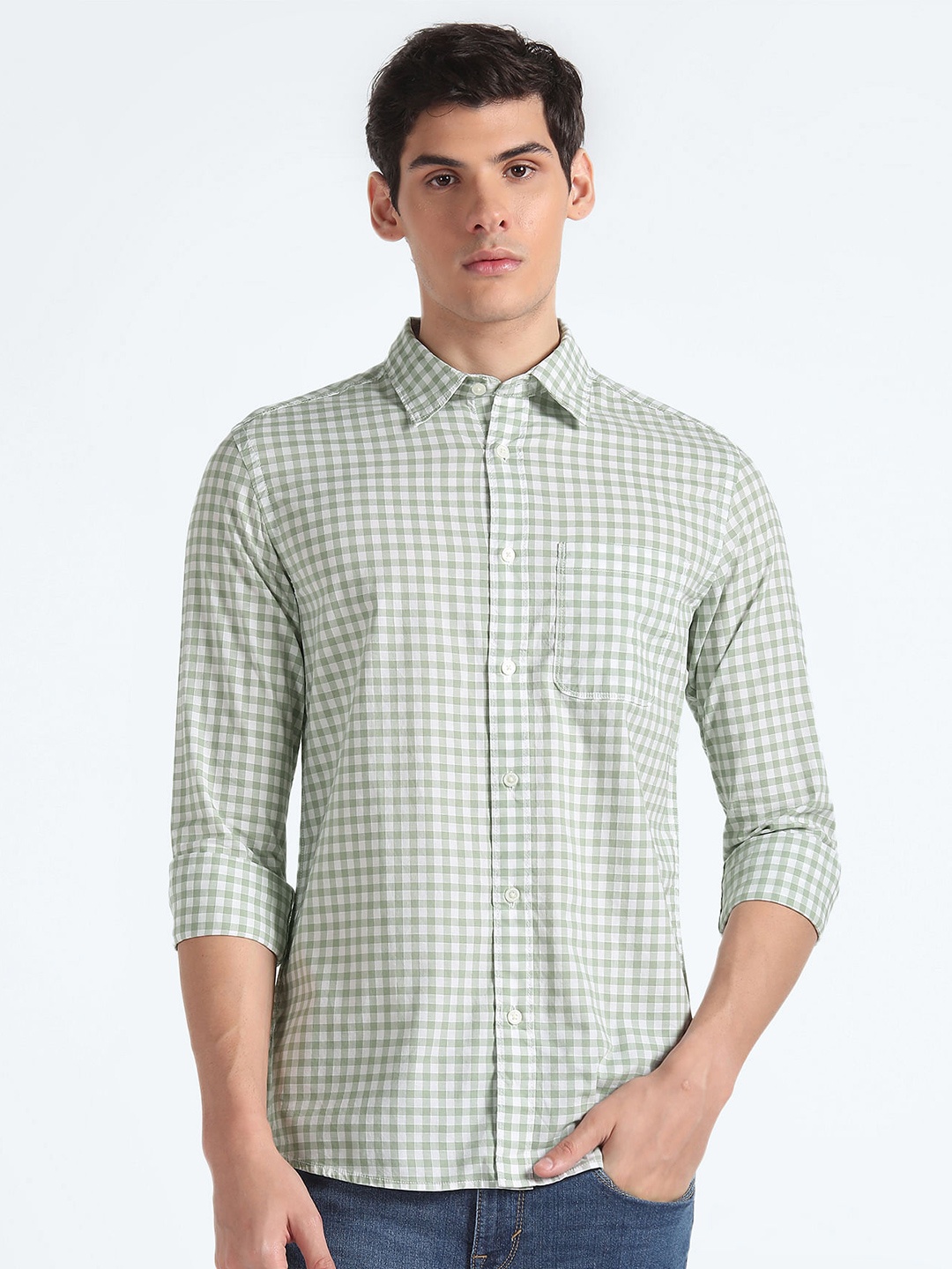 

Flying Machine Slim Fit Gingham Checks Pure Cotton Casual Shirt, Green