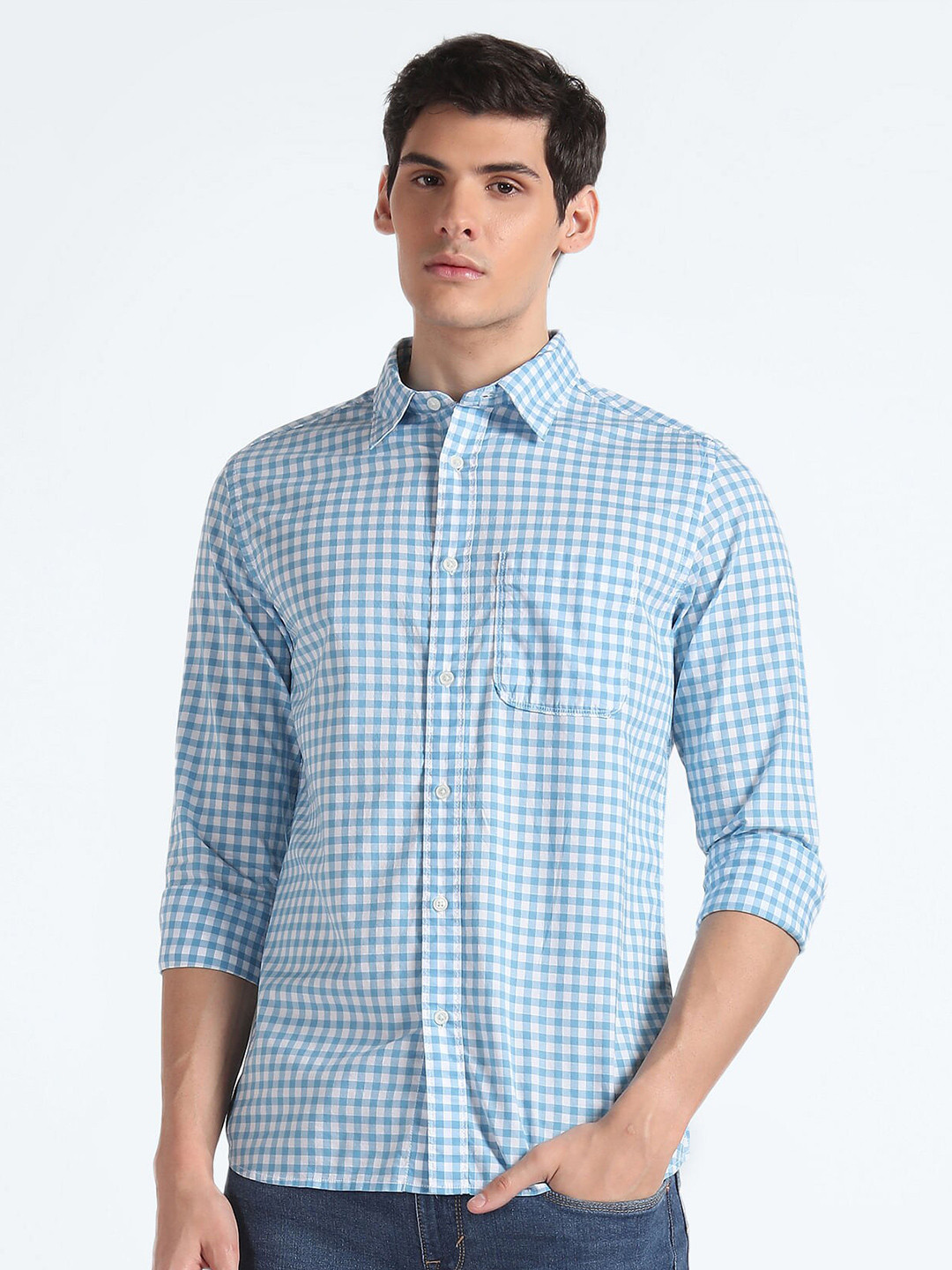 

Flying Machine Slim Fit Gingham Checks Pure Cotton Casual Shirt, Blue