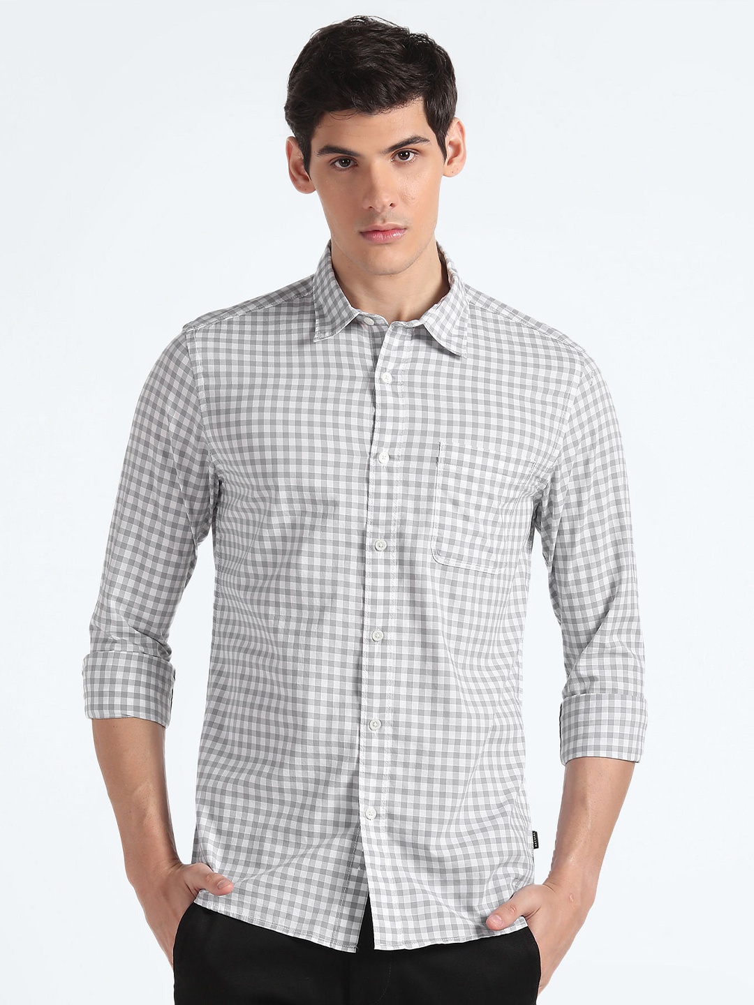 

Flying Machine Slim Fit Gingham Checks Pure Cotton Casual Shirt, Grey