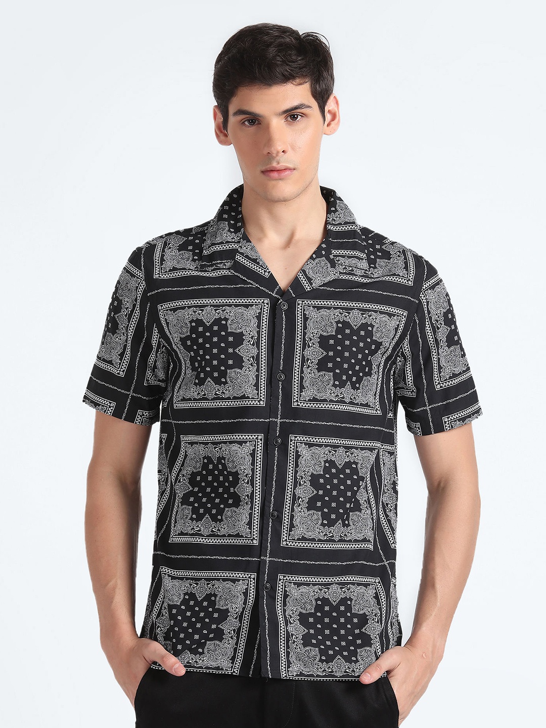 

Flying Machine Ethnic Motifs Printed cuban Collar Casual Shirt, Black