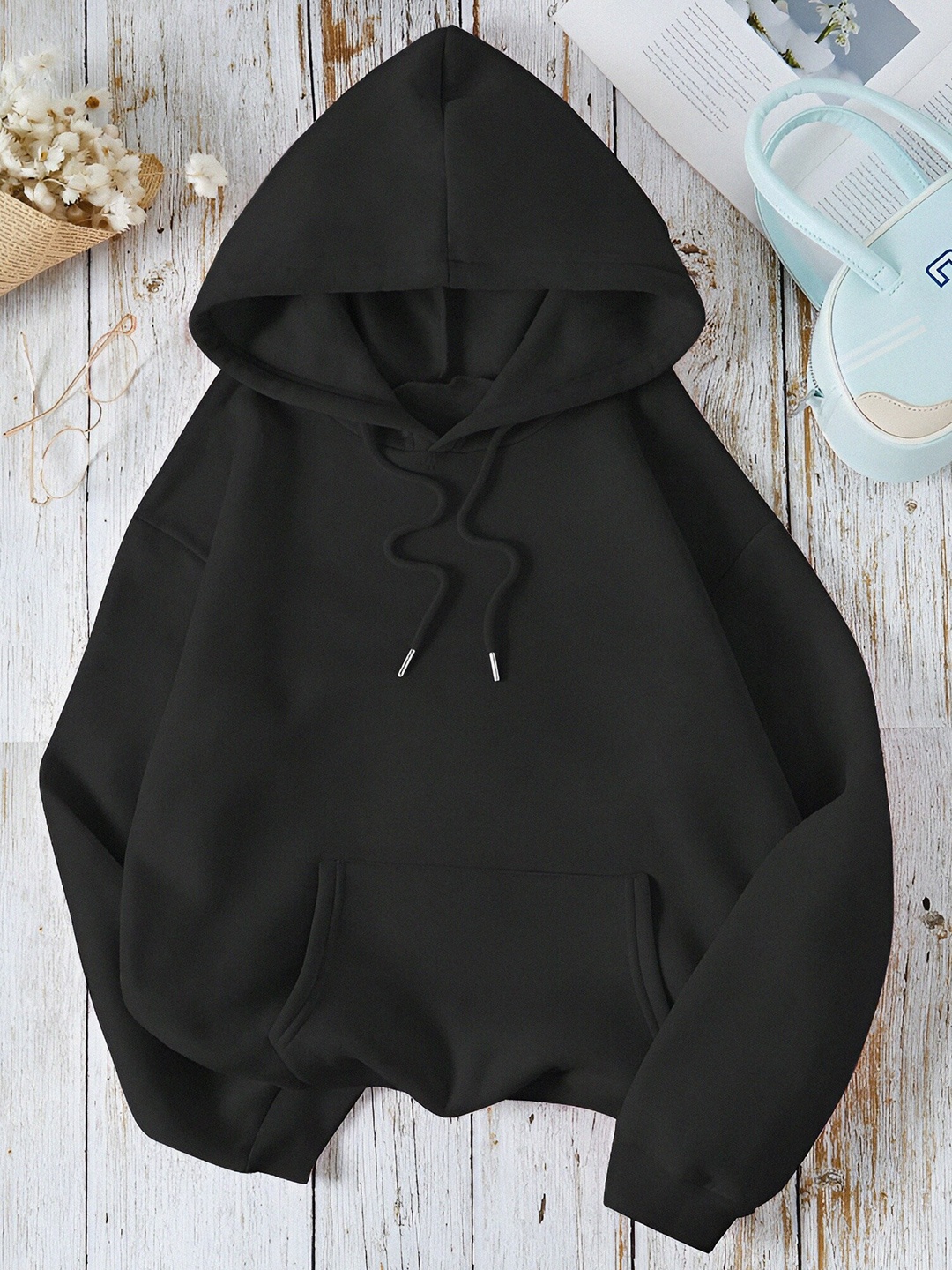 

KALINI Hooded Long Sleeves Cotton Pullover Sweatshirt, Black