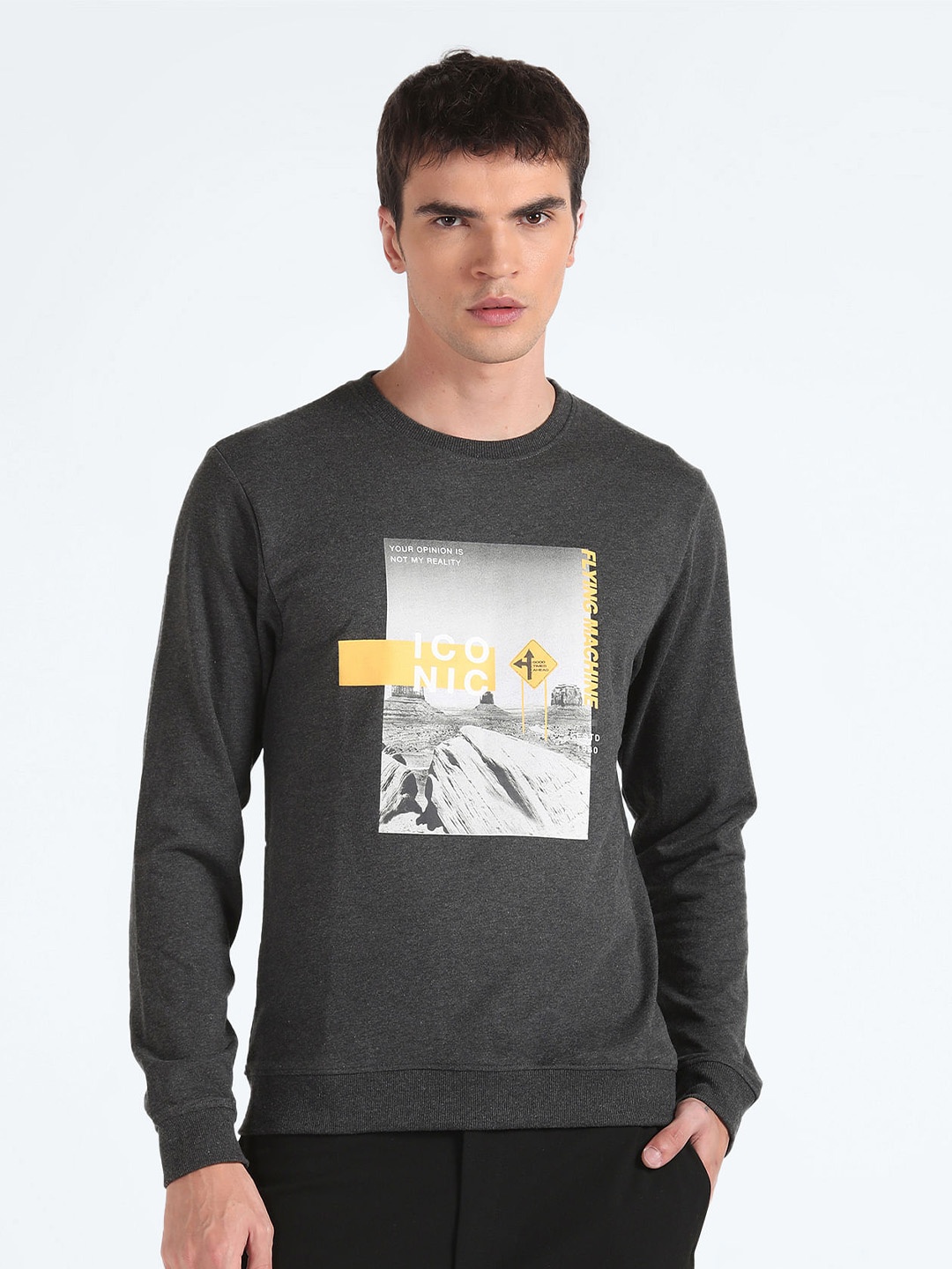 

Flying Machine Graphic Printed Hooded Pullover Sweatshirt, Grey
