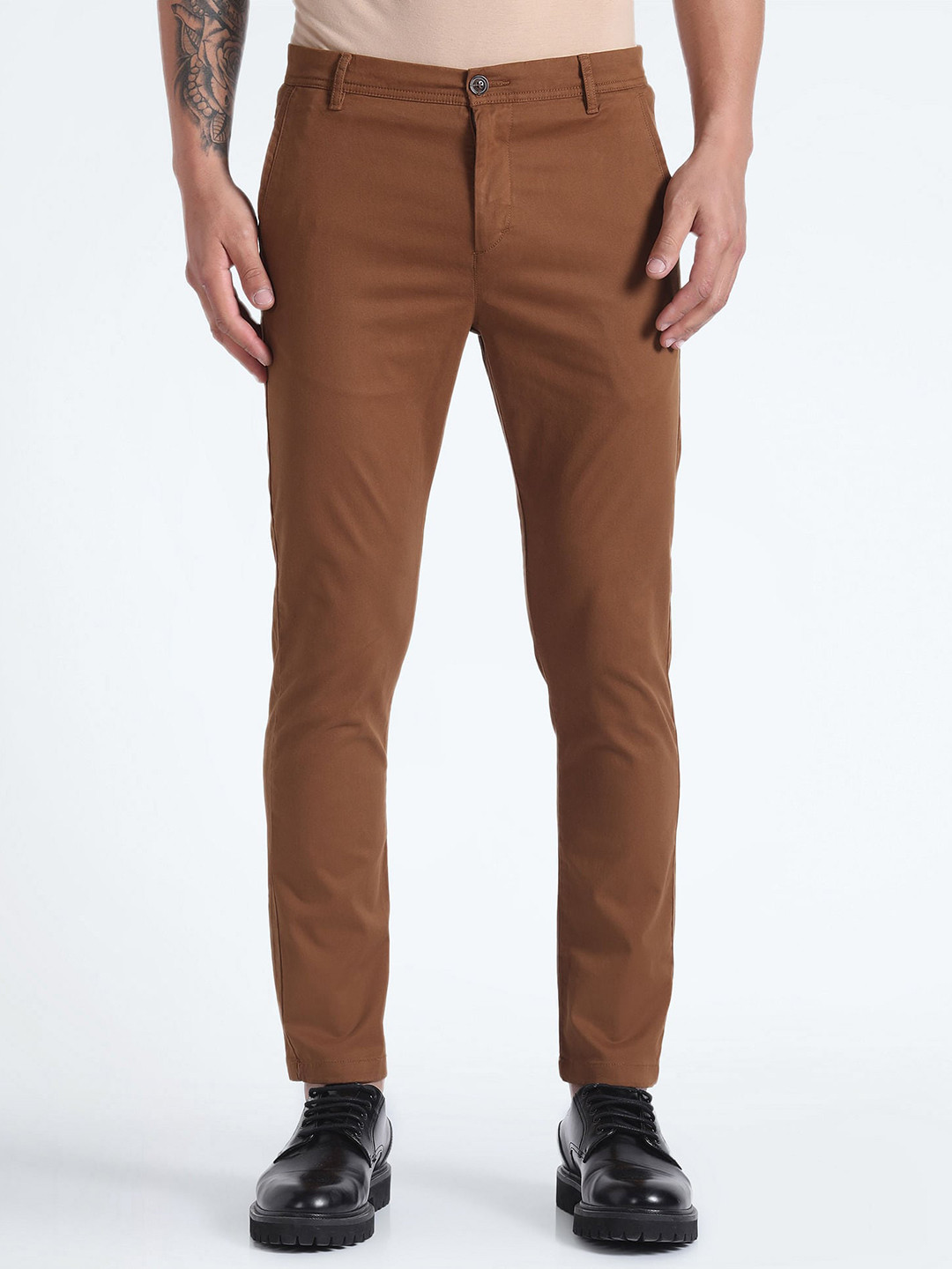 

Flying Machine Men Slim Tapered Fit Mid-Rise Regular Trousers, Brown