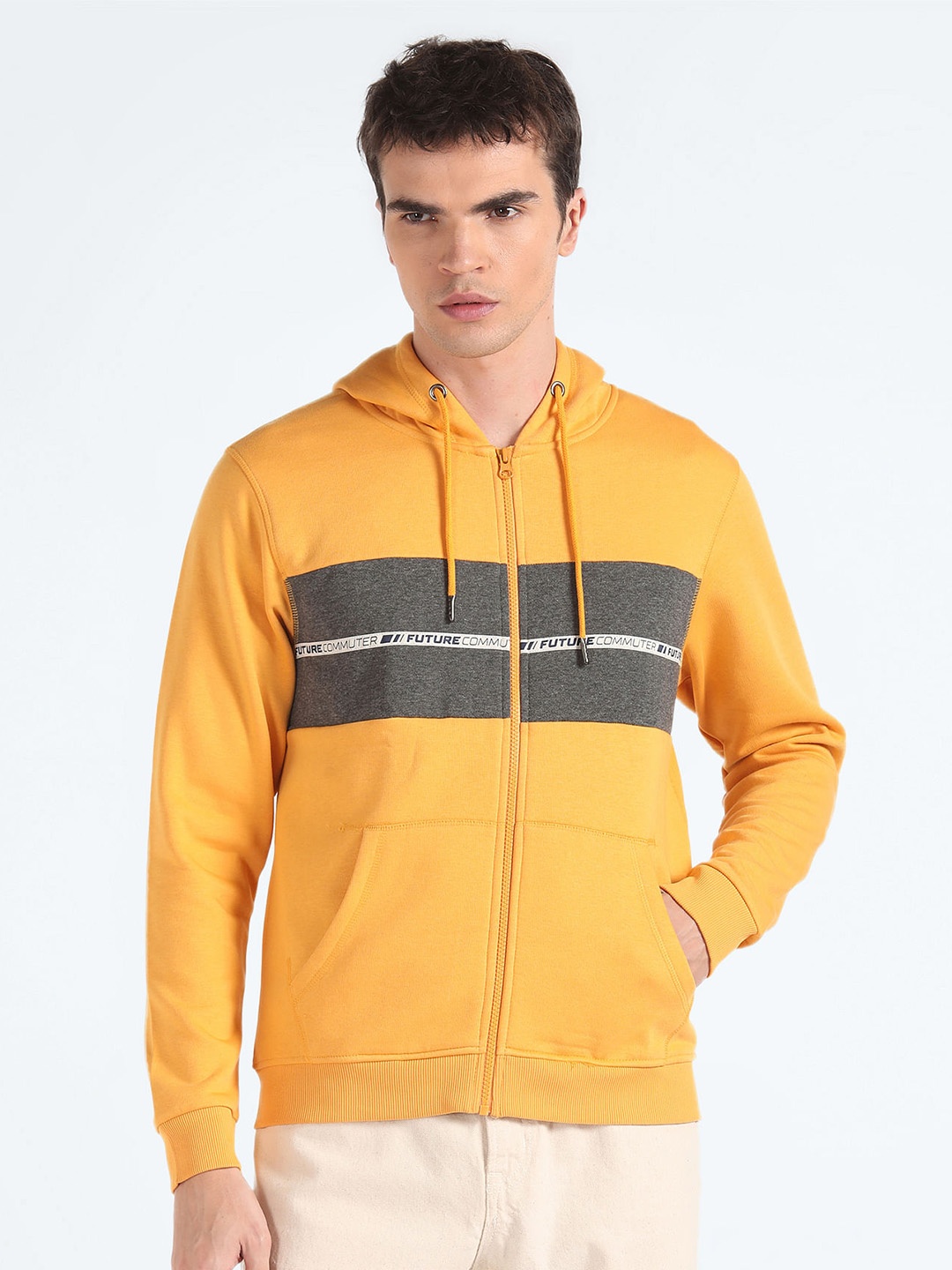 

Flying Machine Colourblocked Hooded Front Open Sweatshirt, Yellow