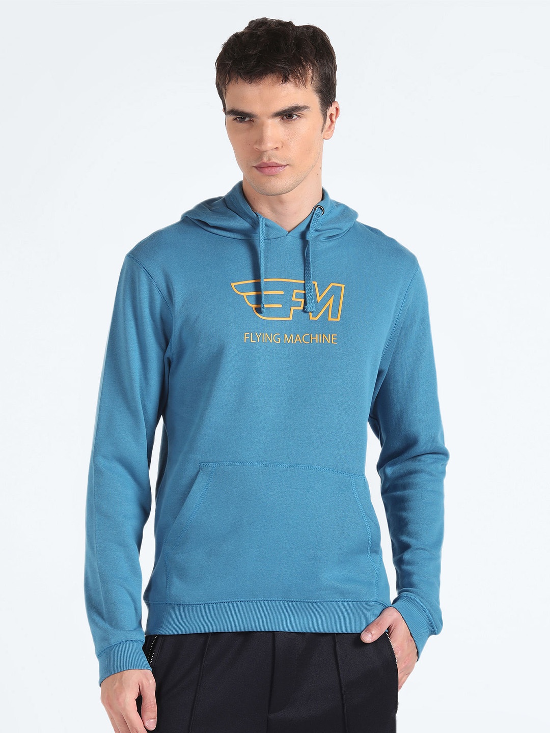 

Flying Machine Typography Printed Hooded Pure Cotton Pullover Sweatshirt, Blue