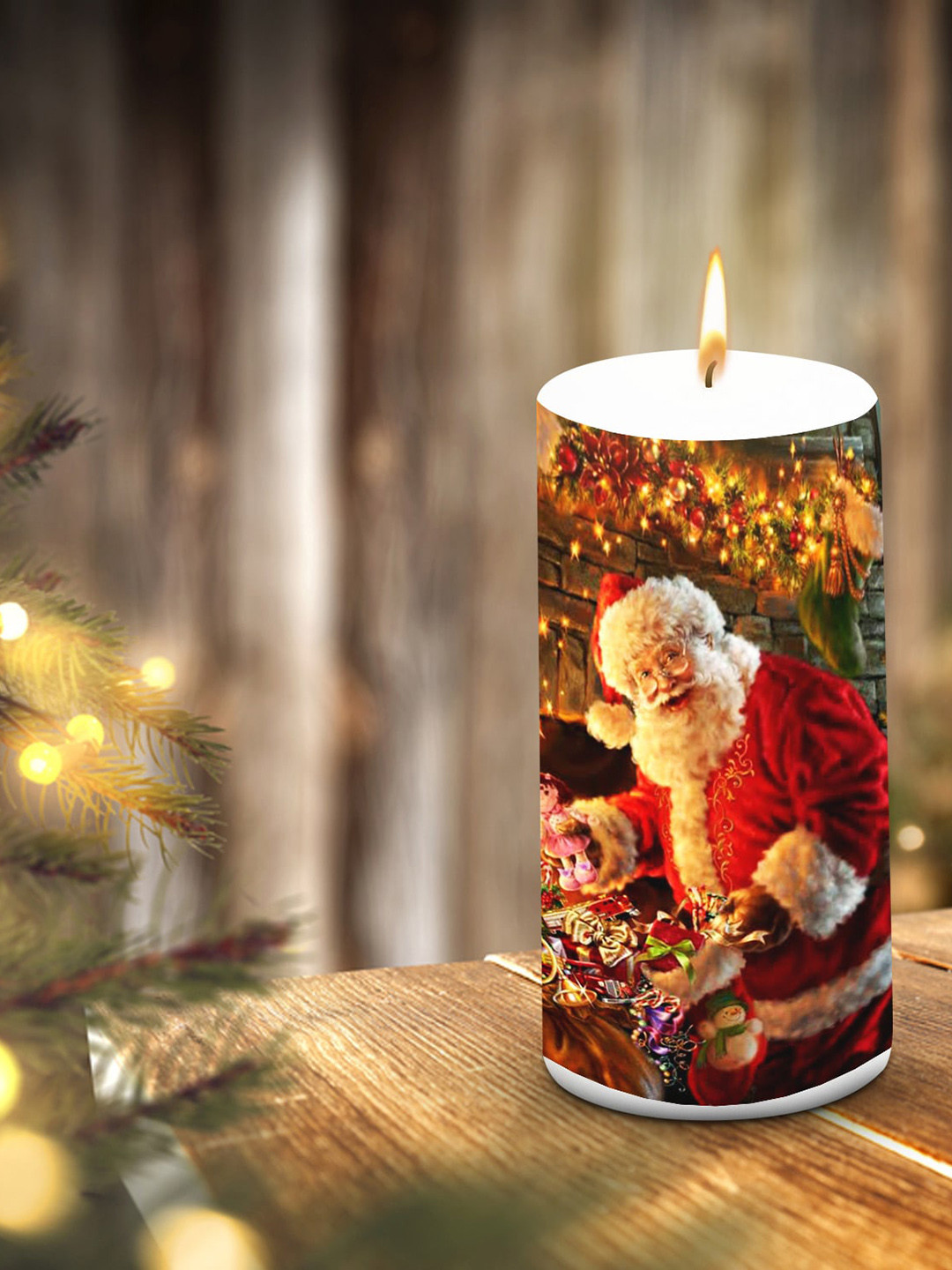 

AuraDecor Red & Brown Santa With Gift Bag Printed Pillar Candle