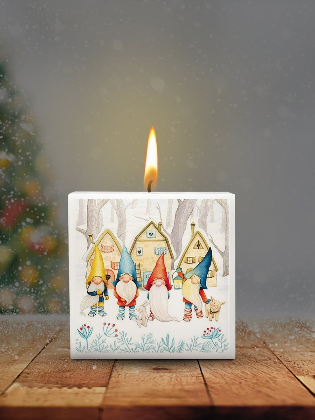 

AuraDecor Red & White Santa Family Printed Christmas Square Pillar Candle