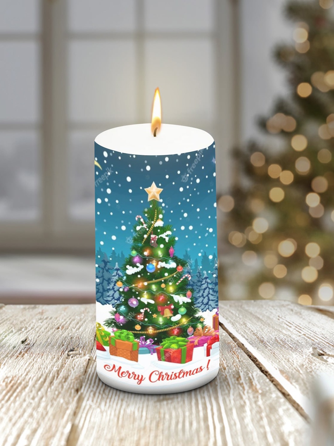 AuraDecor Christmas Candle Blue Christmas Tree Pillar Candle