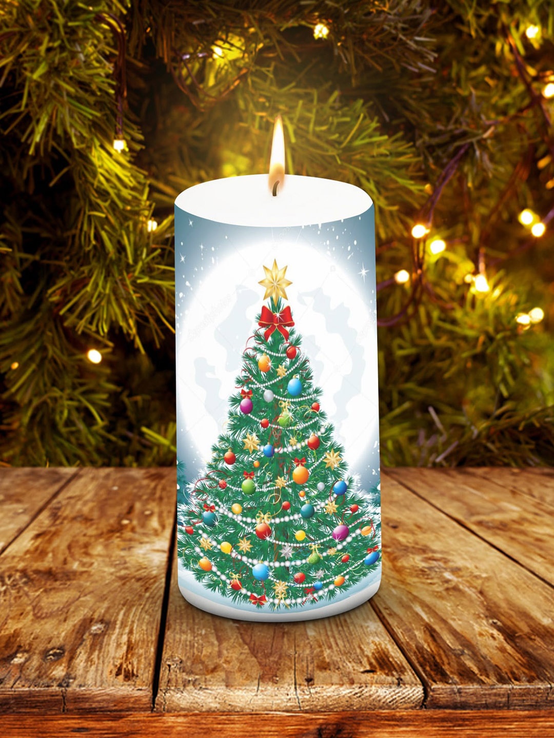 AuraDecor White Christmas Tree Printed Pillar Candle
