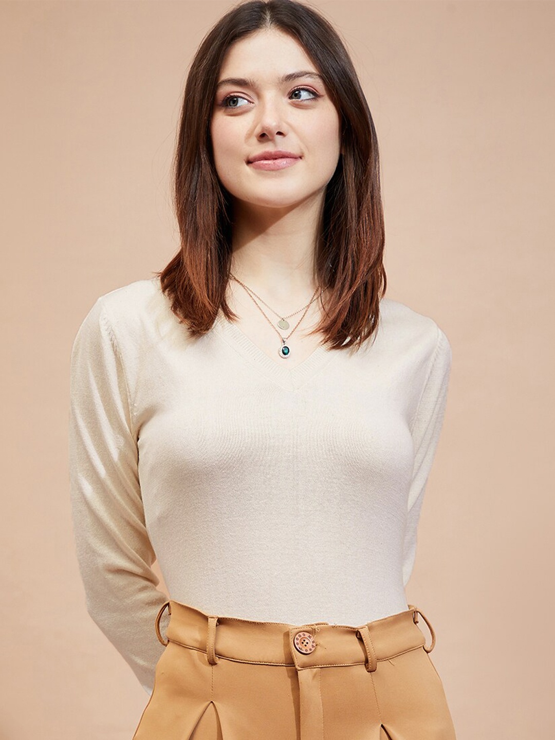 

DressBerry Cream Coloured V Neck Cotton Sweater
