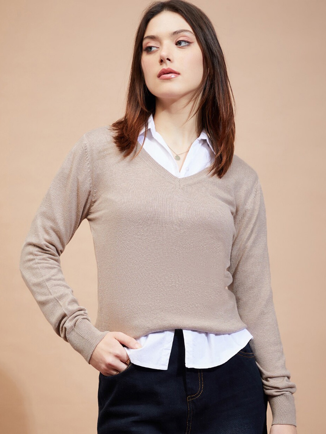 

DressBerry Beige V Neck Cotton Pullover