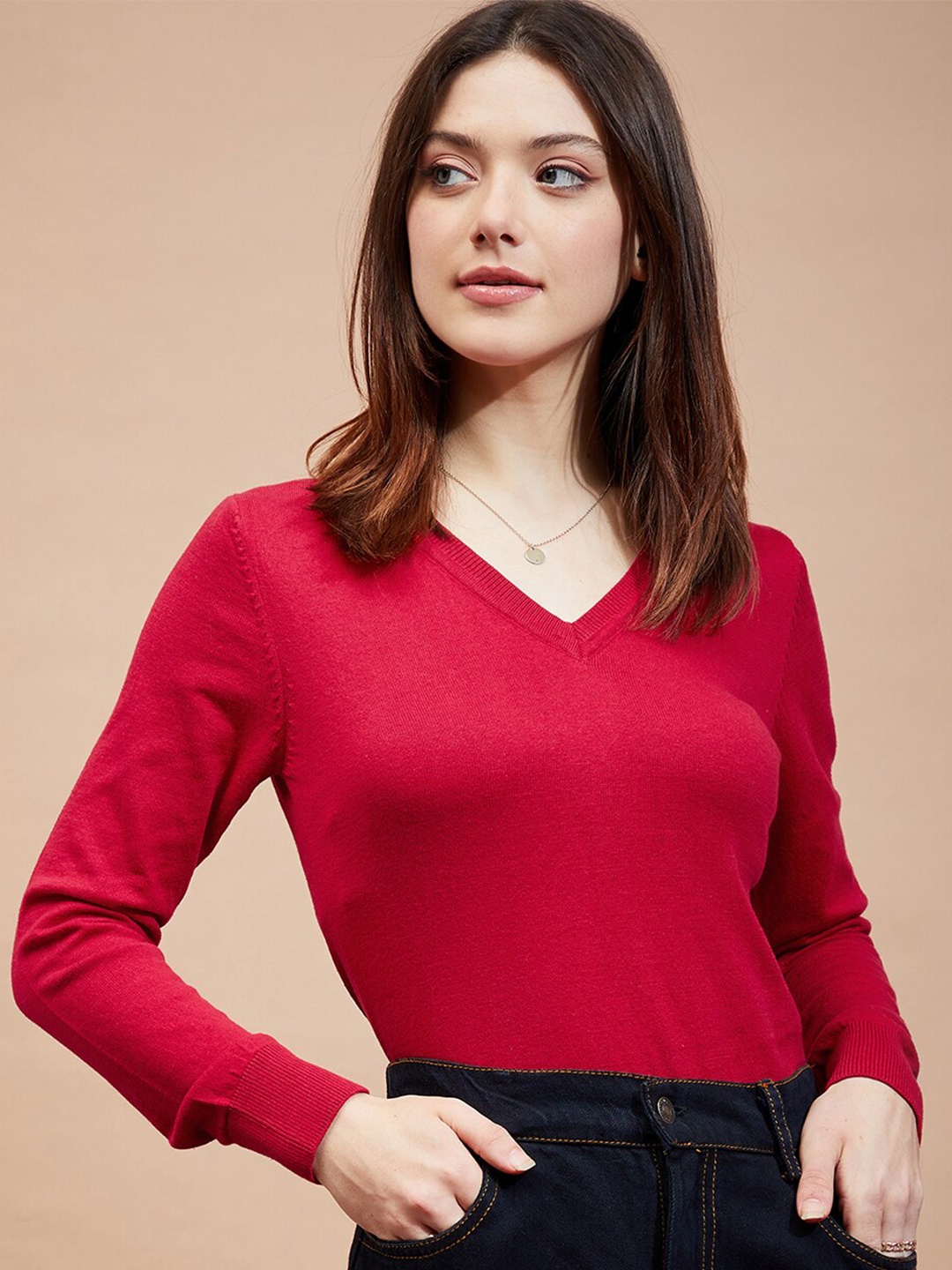 

DressBerry Red V-Neck Long Sleeves Cotton Pullover