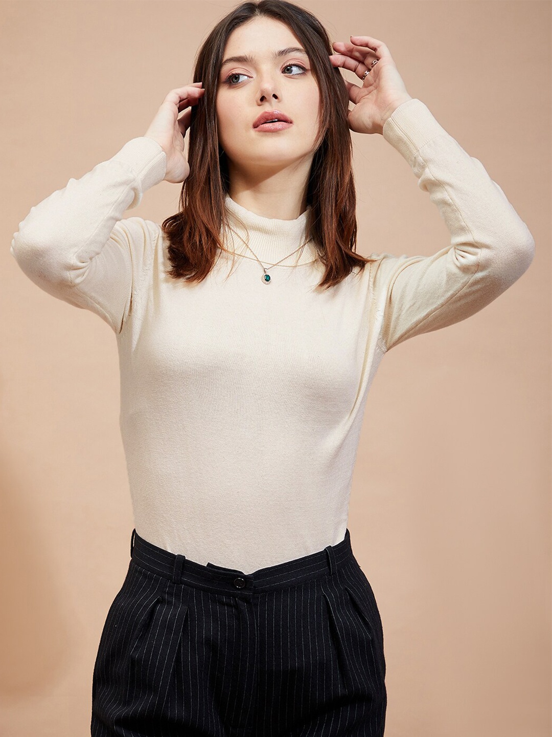 

DressBerry Cream-Coloured Turtle Neck Cotton Sweater