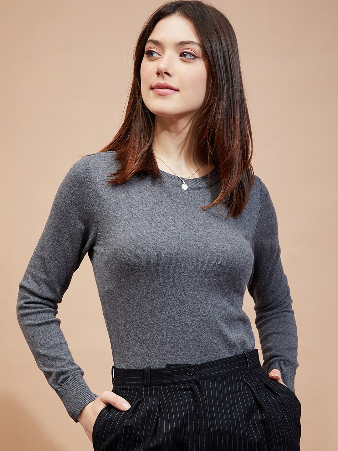 

DressBerry Grey Round Neck Cotton Sweater