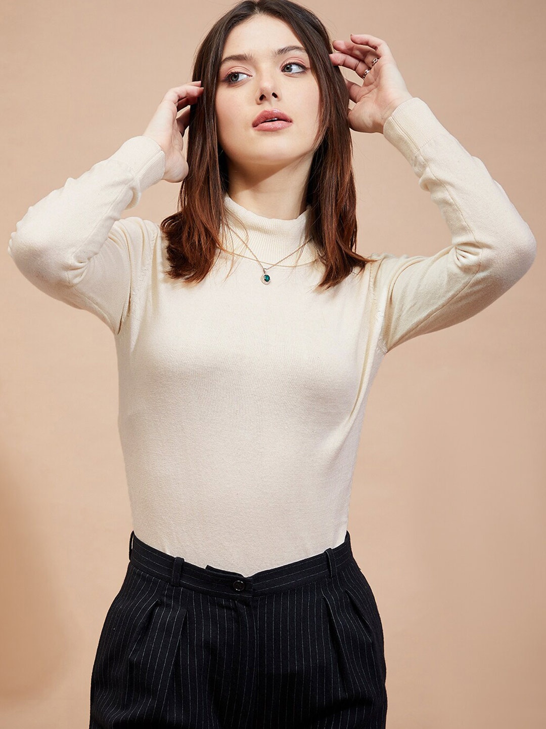 

BAESD Ribbed Turtle Neck Cotton Pullover, Cream