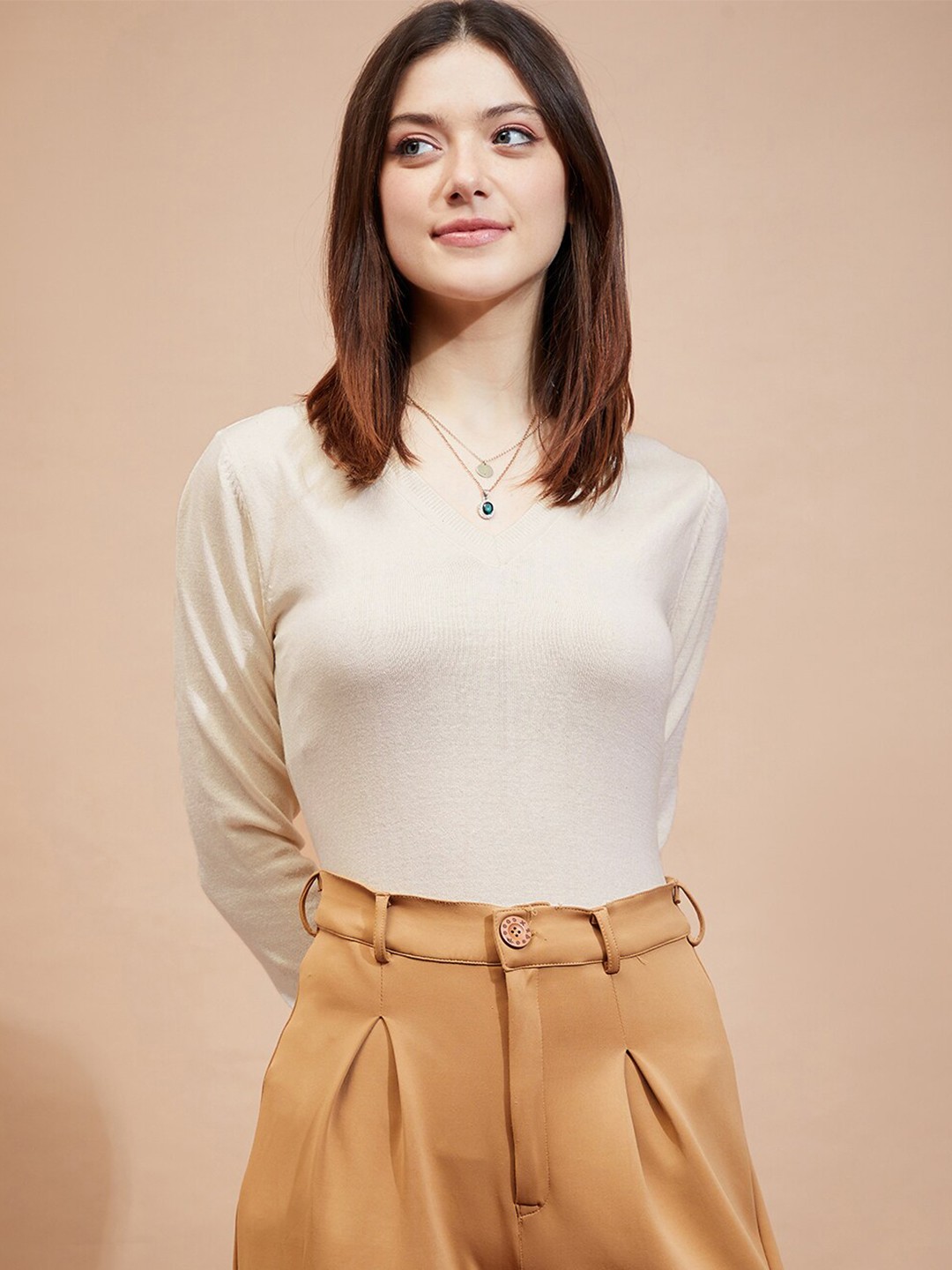 

BAESD V- Neck Ribbed Cotton Pullover, Cream