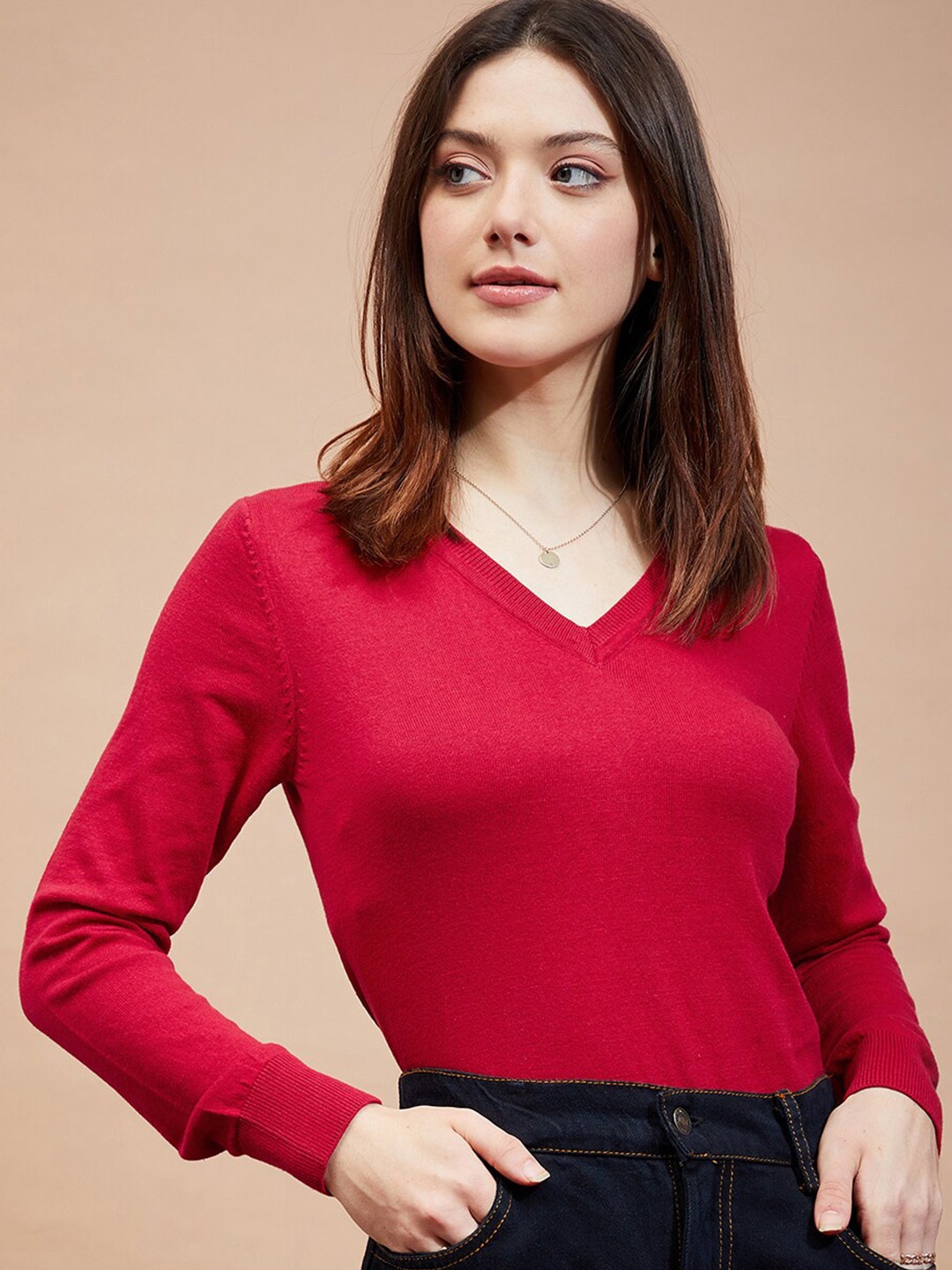 

BAESD Plus Size V- Neck Ribbed Cotton Pullover, Red