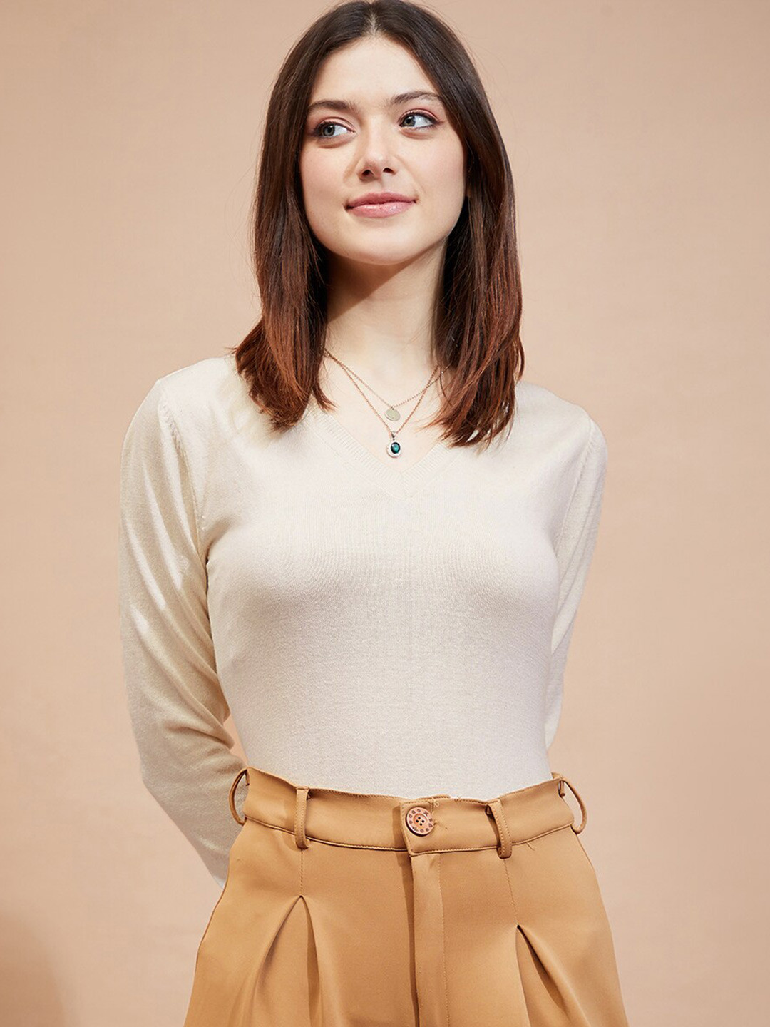 

BAESD Ribbed V-Neck Cotton Pullover, Cream