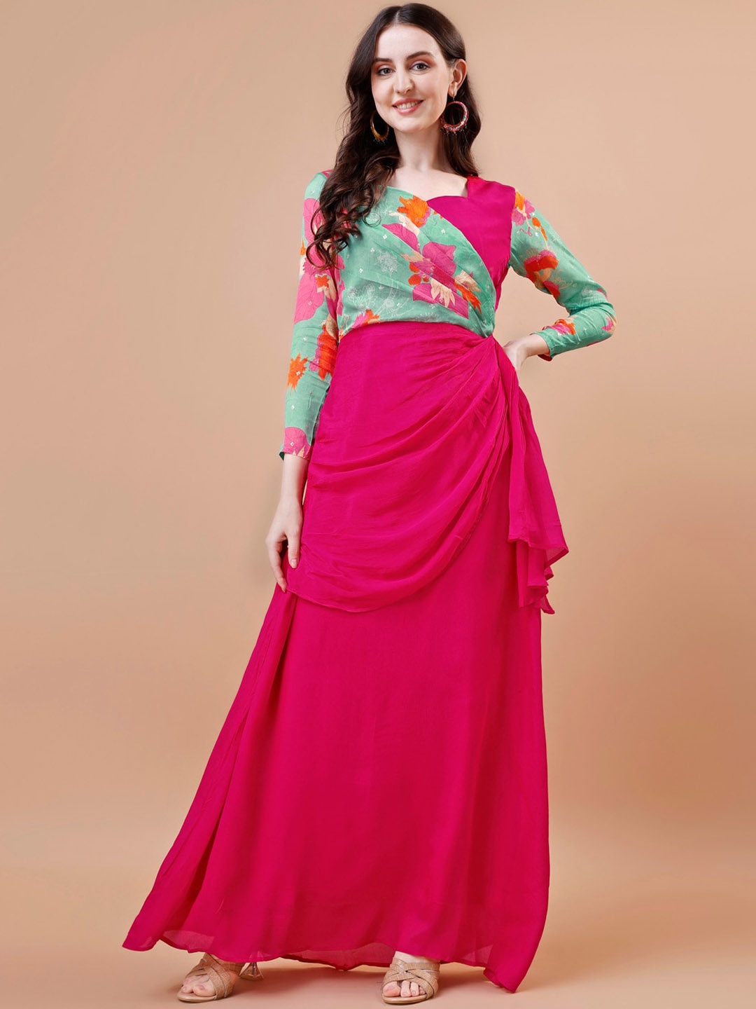 

TWAM SUNDARA Floral Printed Gathered Maxi Dresses, Pink