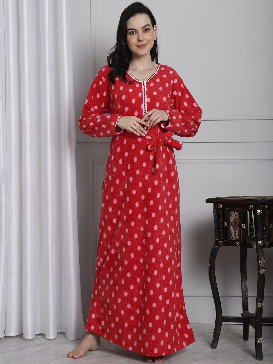 

Secret Wish Polka Dots Printed V-Neck Maxi Nightdress, Red