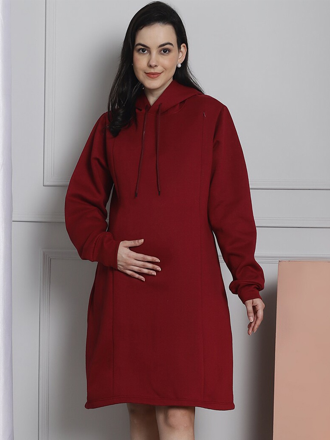 

Secret Wish Long Sleeves Hooded Fleece Maternity Feeding Sweater Dress, Maroon