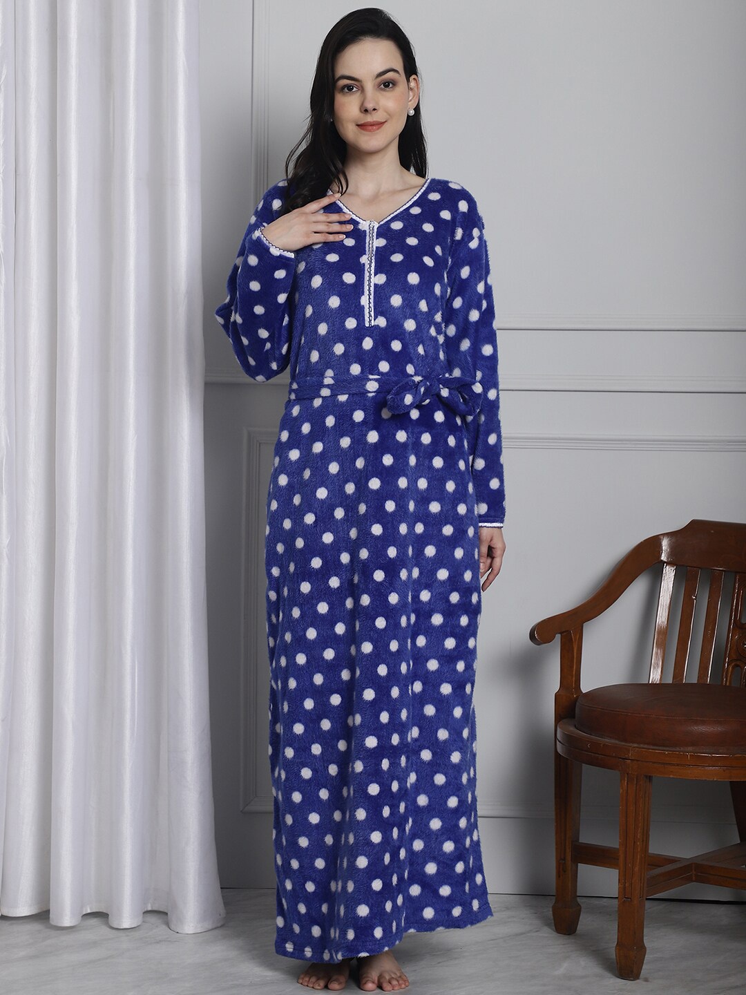 

Secret Wish Polka Dots Printed Maxi Nightdress, Blue