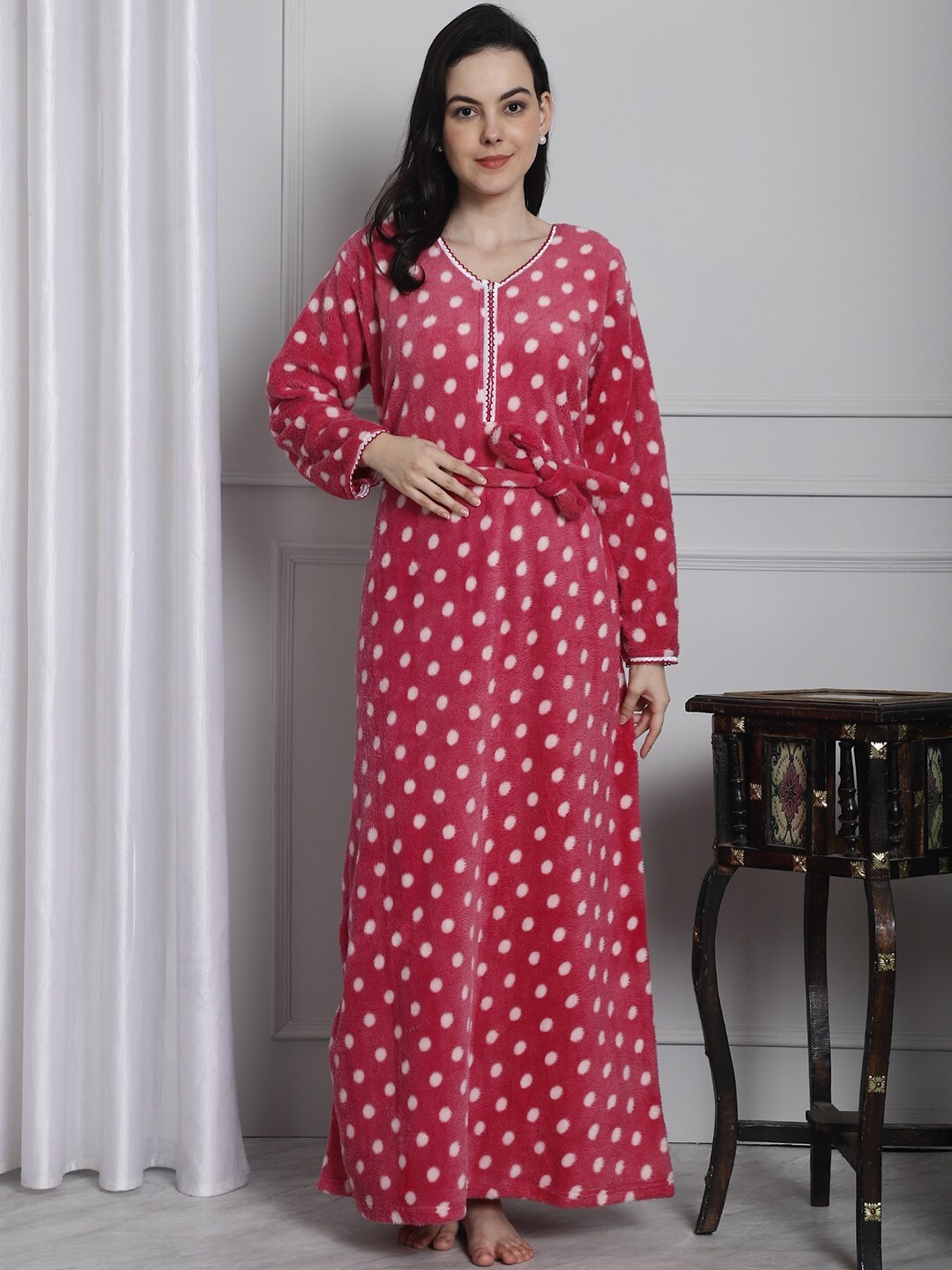 

Secret Wish Polka Dots Printed V-Neck Maxi Nightdress, Pink