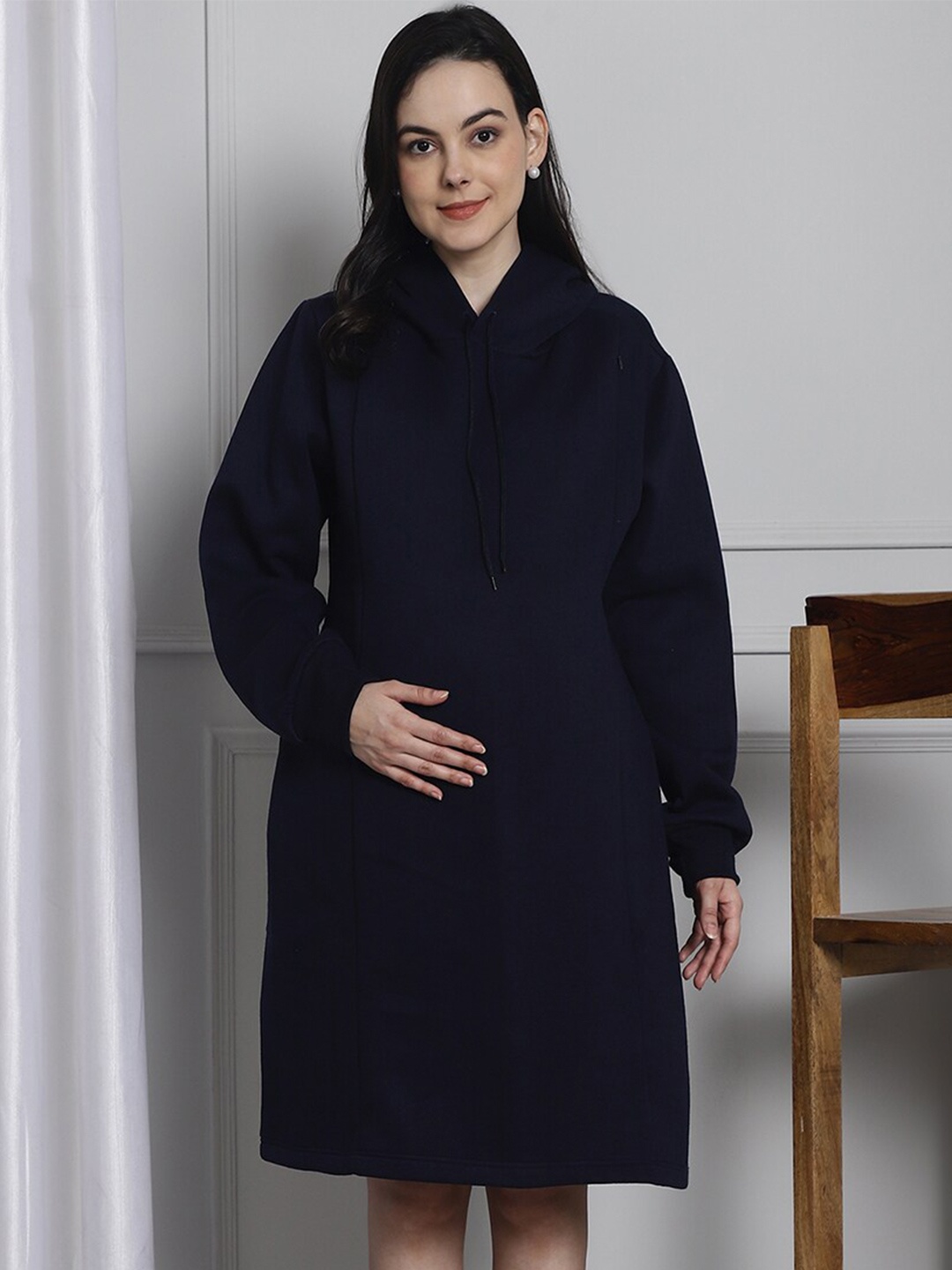 

Secret Wish Hooded Maternity Fleece A-Line Dress, Navy blue