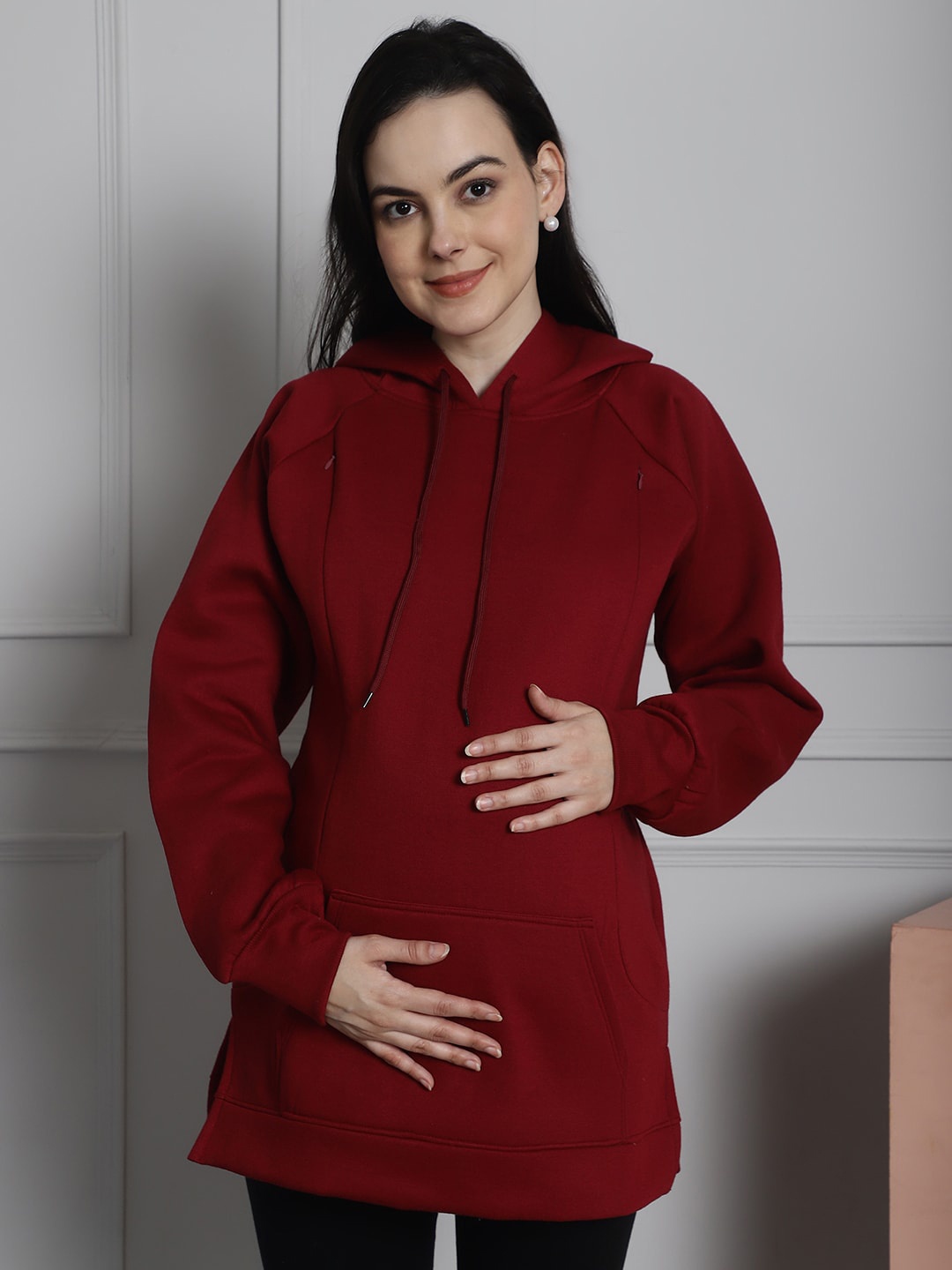 

Secret Wish Hooded Maternity Longline Pullover, Maroon