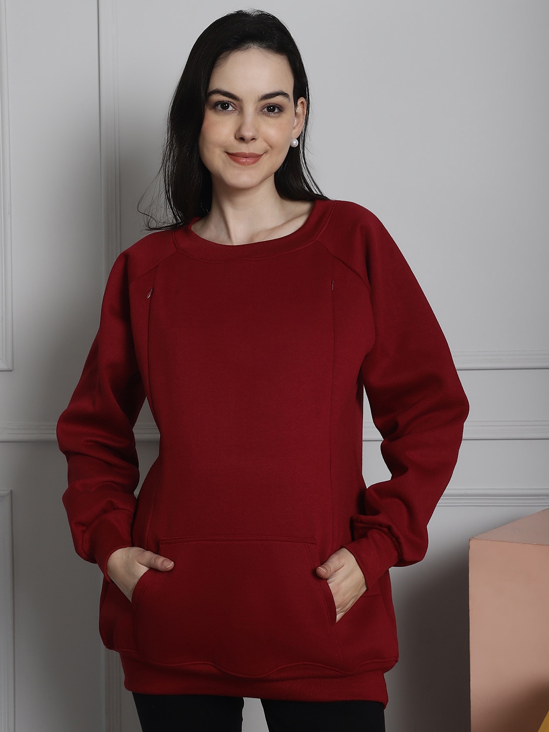 

Secret Wish Round Neck Maternity Longline Pullover, Maroon