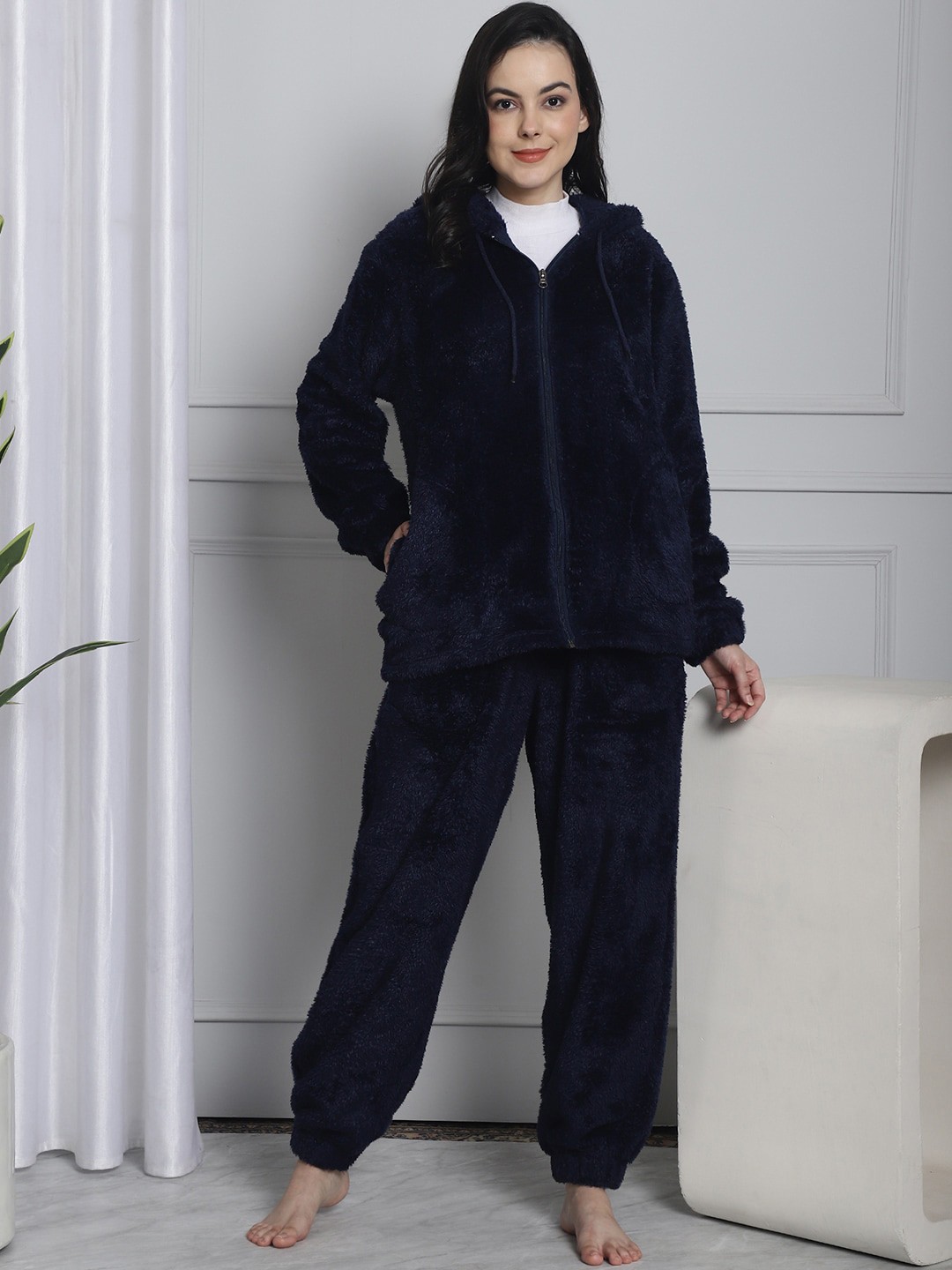 

Secret Wish Women Faux Fur Hooded Night suit, Navy blue