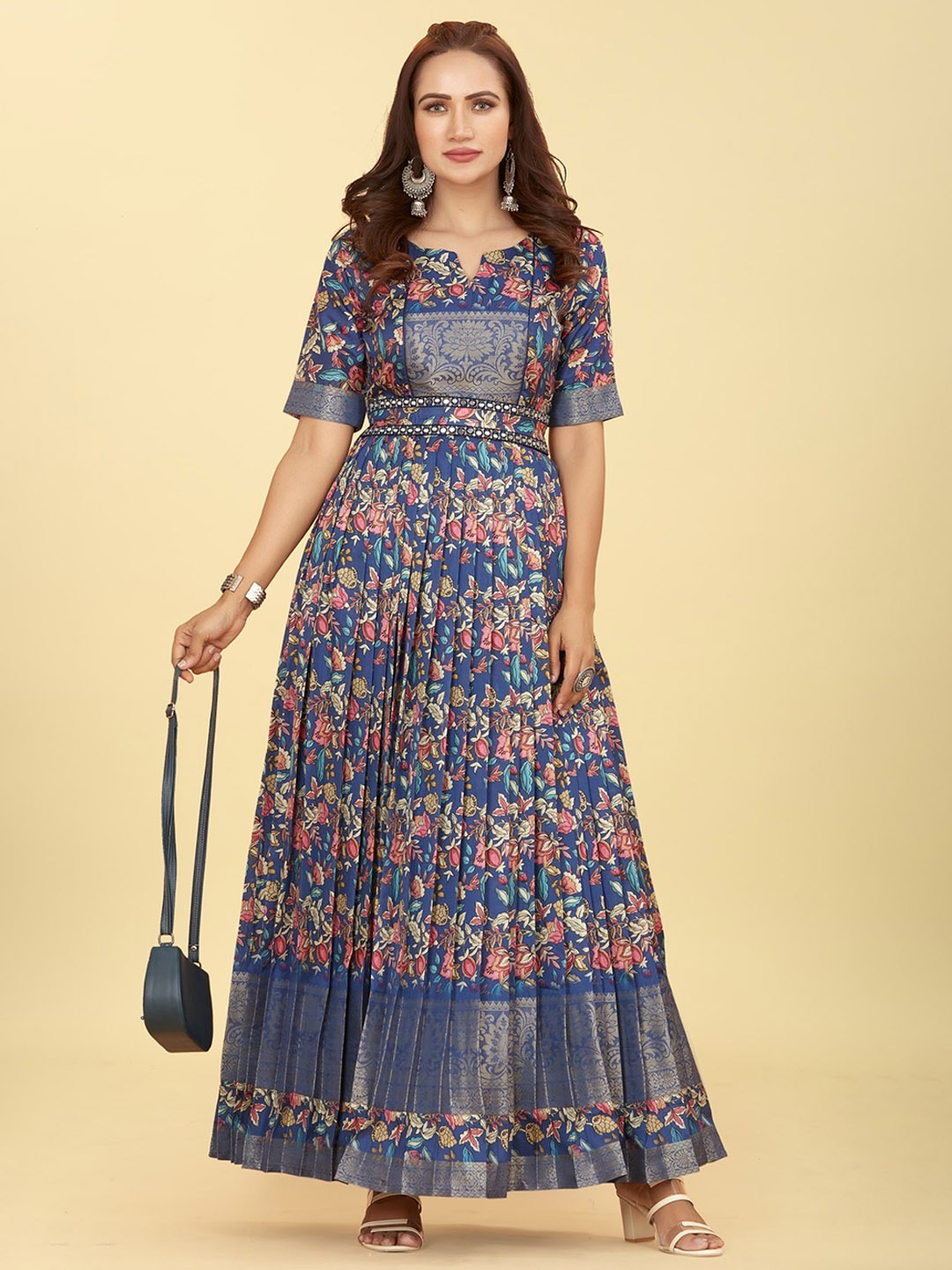 

CHANSI Ethnic Motifs Printed Silk Fit & Flare Ethnic Dress, Blue