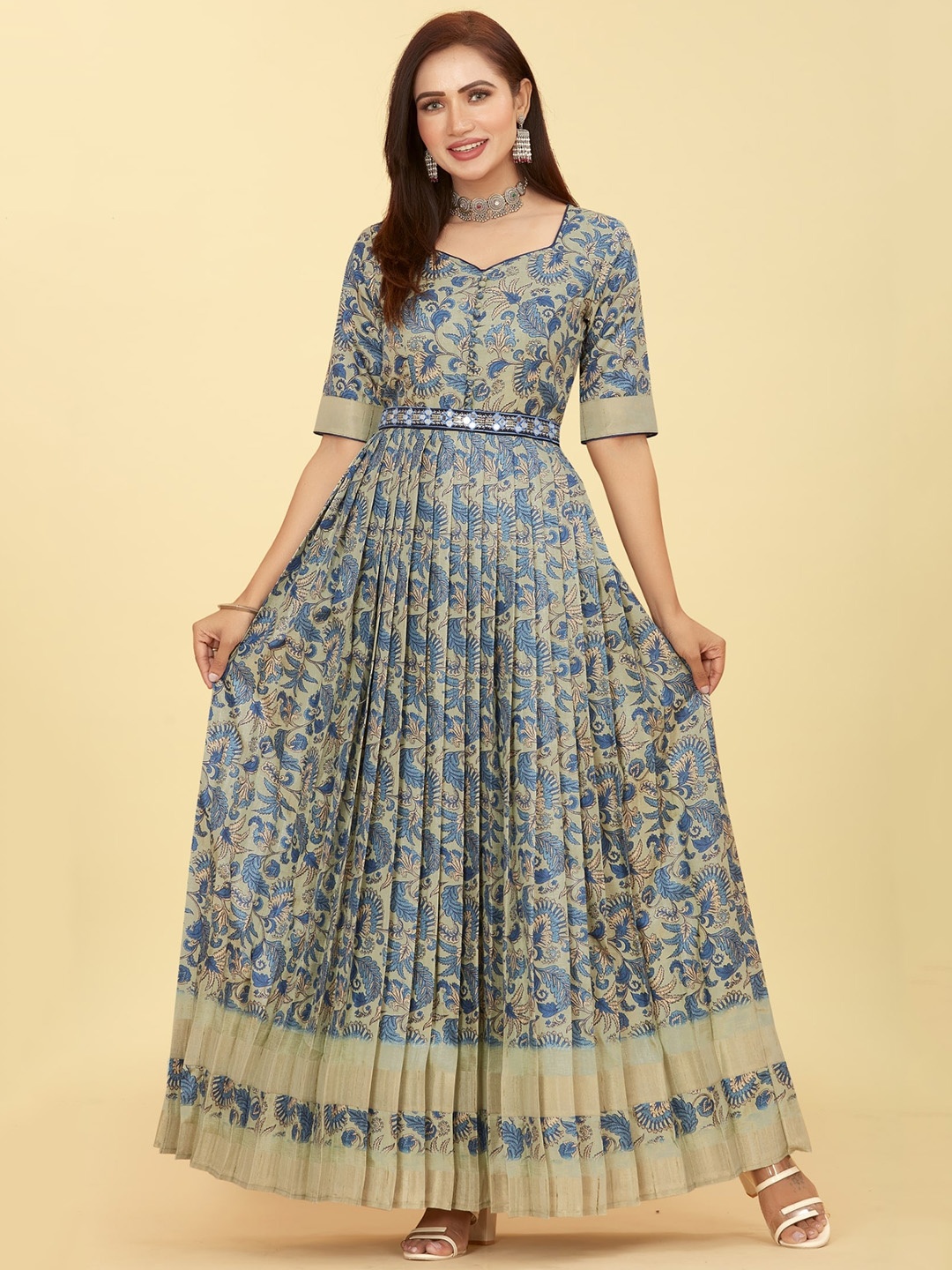 

CHANSI Ethnic Motifs Printed Silk Fit & Flare Ethnic Dress, Blue