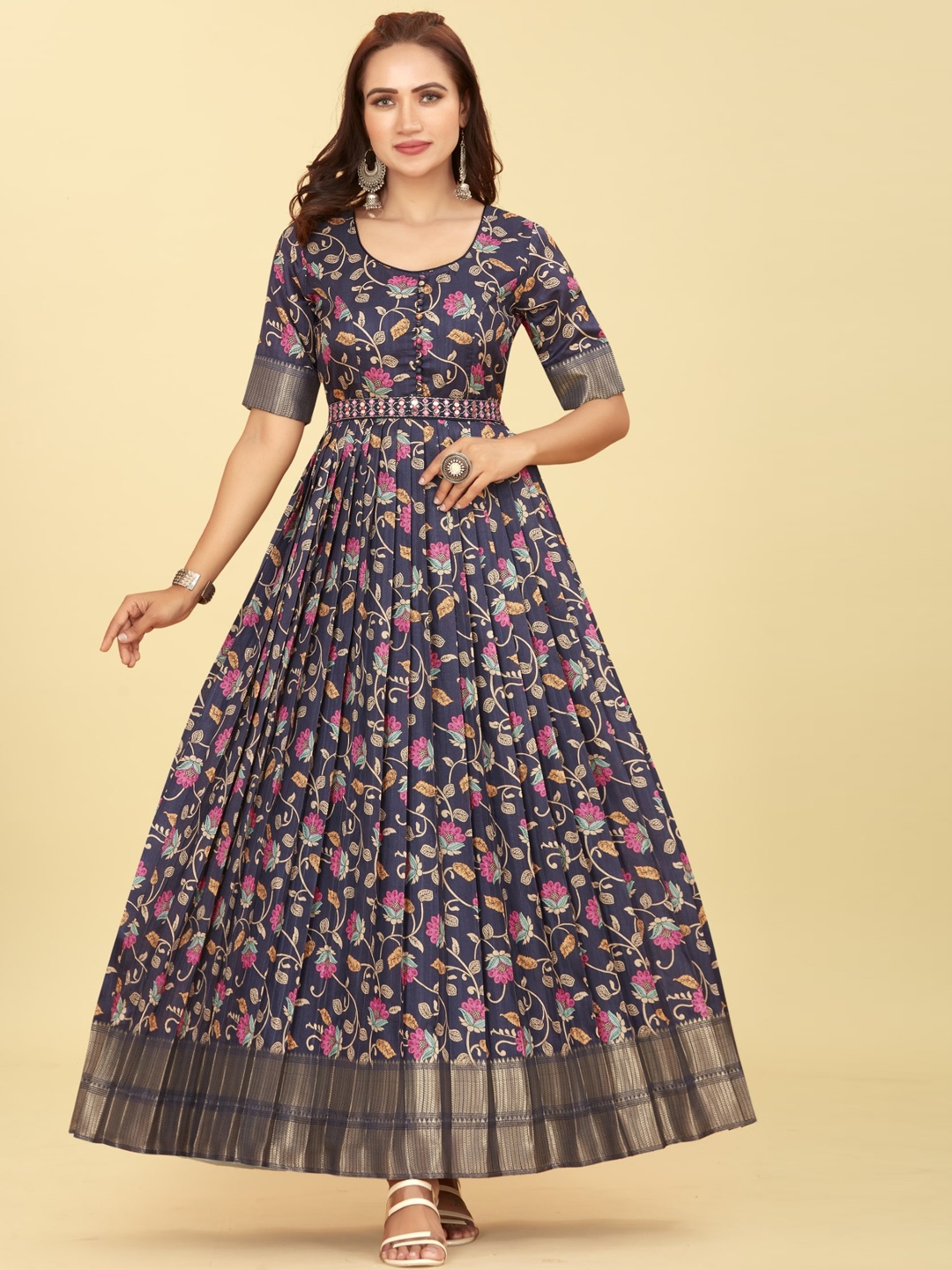 

CHANSI Floral Printed Fit & Flared Maxi Ethnic Dress Comes With Embellished Belt, Navy blue