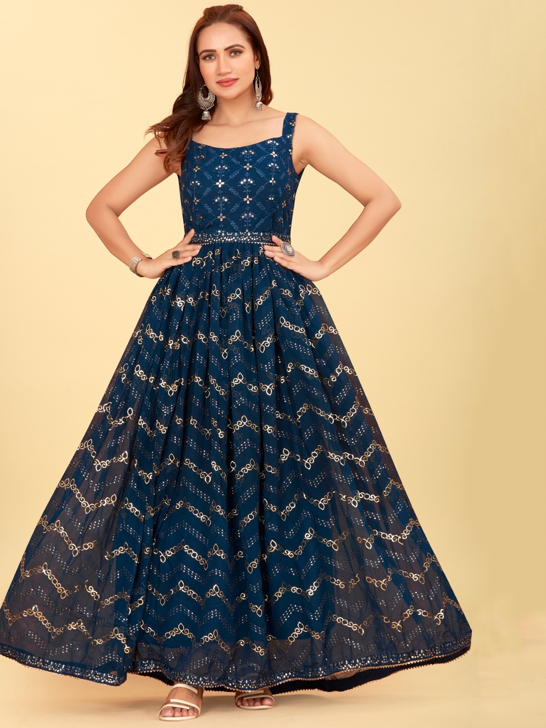

CHANSI Embellished Flared Ethnic Dress Comes with a belt, Blue